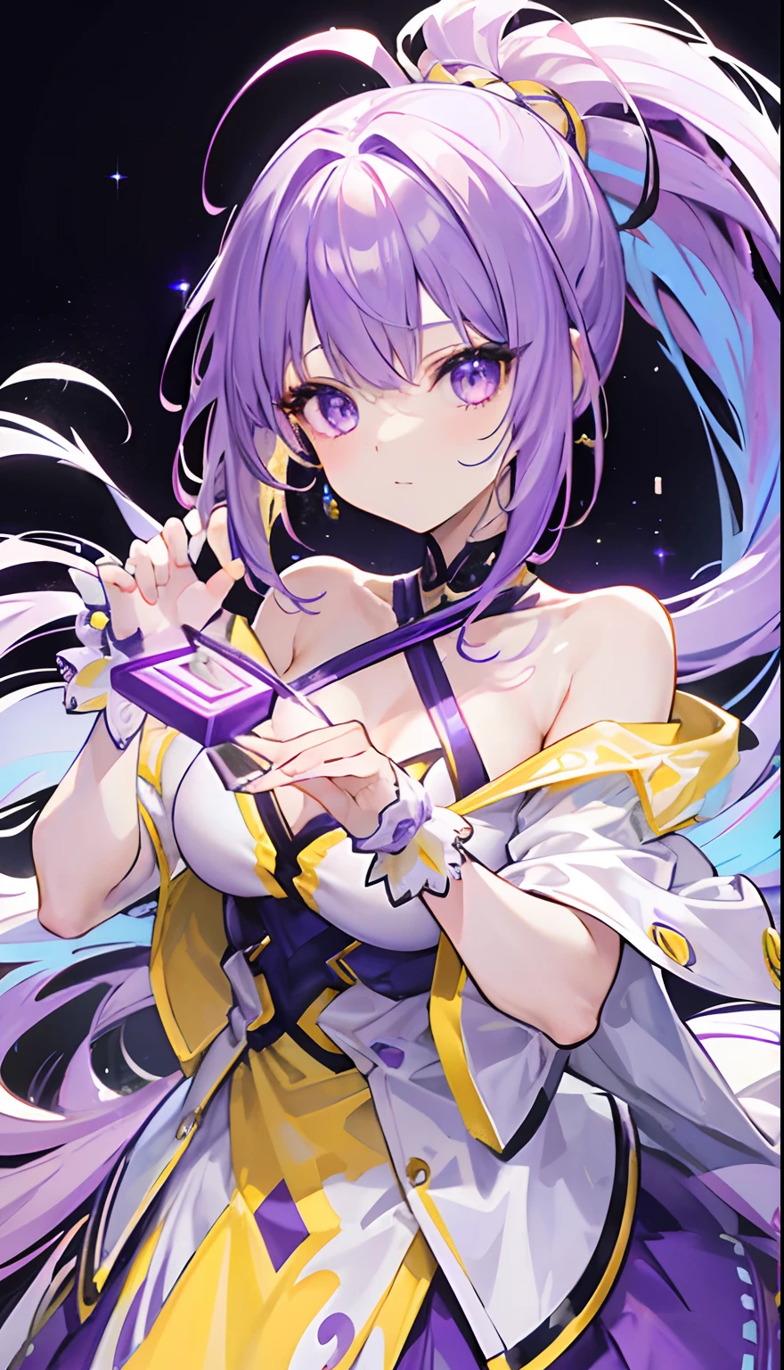 Long purple and yellow bangs that glow fluorescently,Hair in a high ponytail,Radiant hair,with dynamism,Purple simple luminous dress, Yellow and white accessories,The face is very sweet and tender, Full of shine and shine,A cute and lively beautiful girl,The charm was very tempting,The overall appearance is glowing