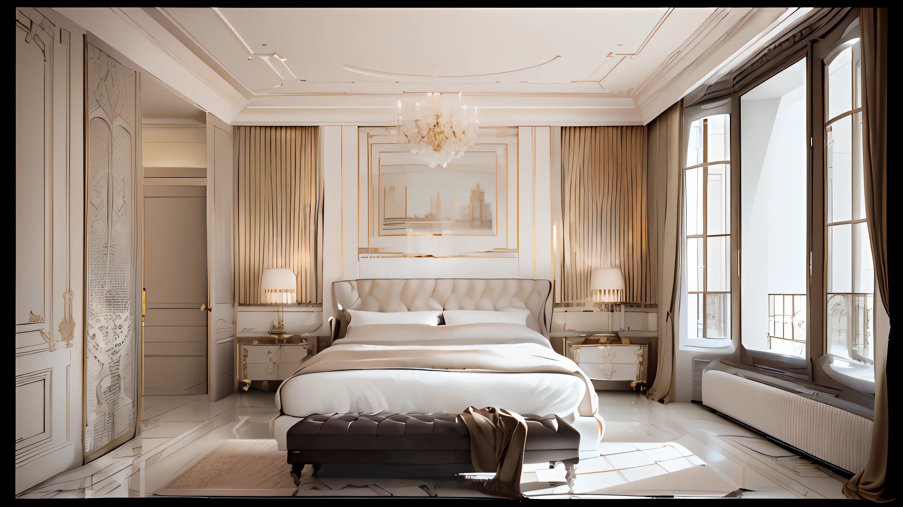 There is a bed in the room with chandeliers and windows, Neoclassical style, neo - classical style, luxury hd render, cream - colored room, elegant and refined, neoclassicism style, elegant render, classicism style, luxurious environment, Bed room, in style of kyrill kotashev, classicism artstyle, luxurious furniture。More details