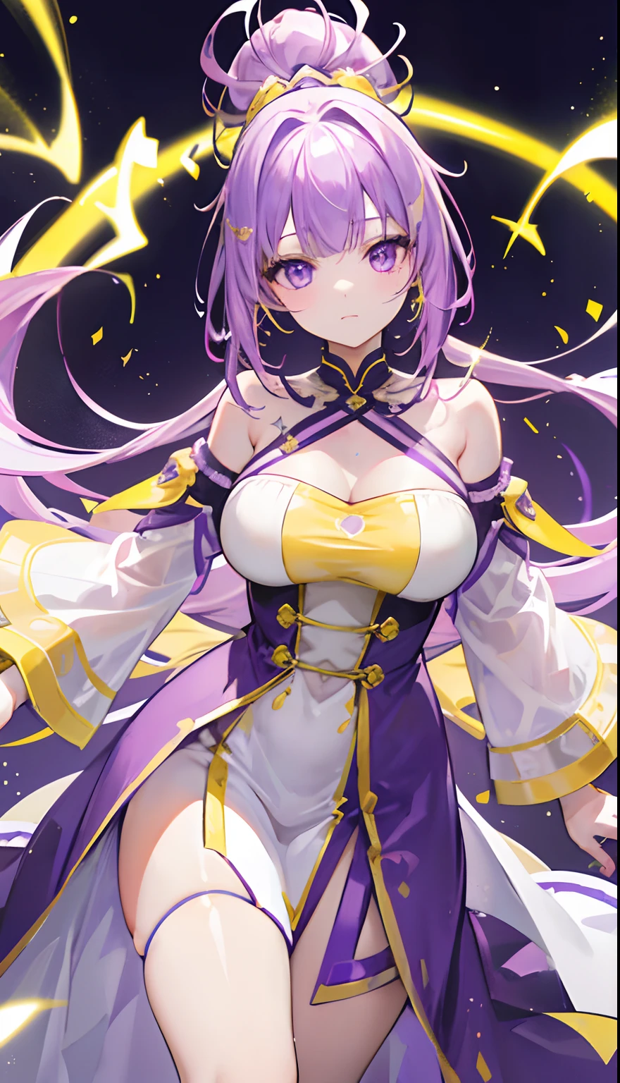 young girl, long pink hair, Fox ears, Heterochromia, left white and right purple eye, Purple kimono, open shoulders, Huge-breasts, Smile, Masterpiece, hiquality