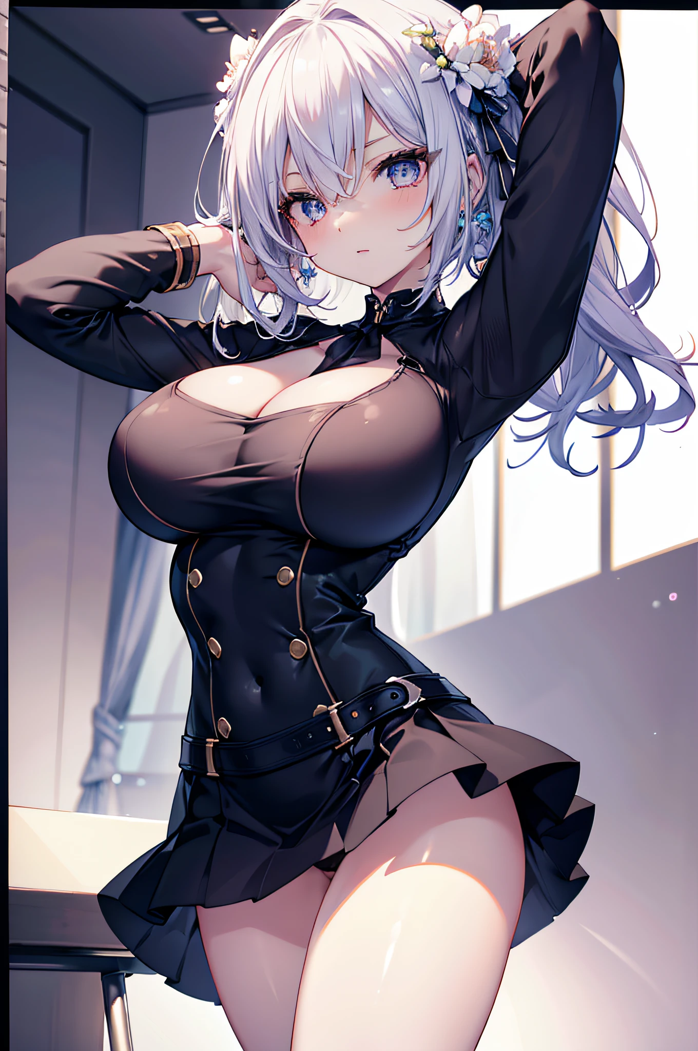 Best Quality, 4K, short ite pretty woman, 、Colossal tits、 Ultra-detailed face、Detailed eyes, sluttish, Pose Seductive, Smooth skin, (huge-breasted), Round breasts、slender body shape、a miniskirt