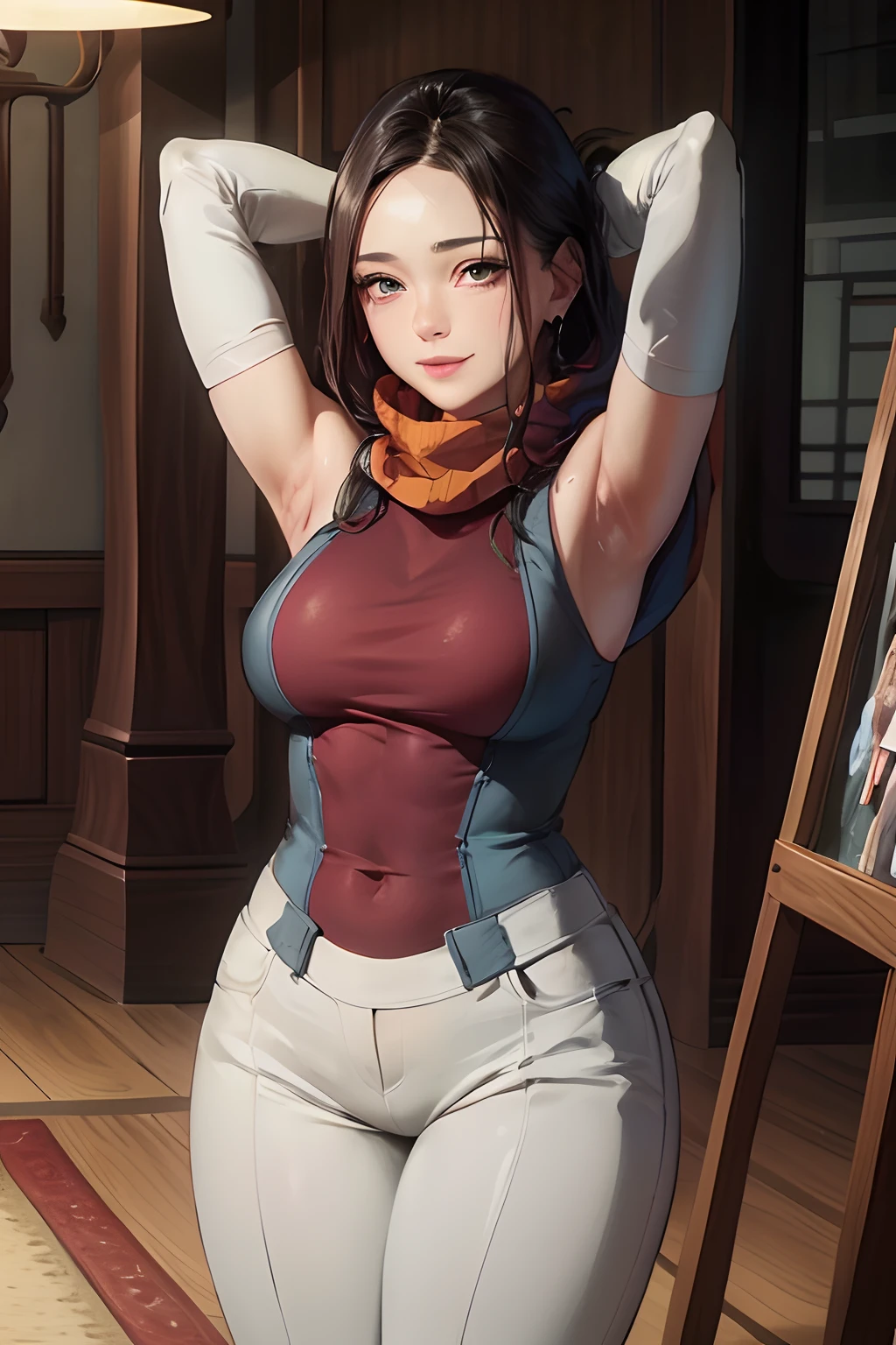 (Best Quality, 8k, 32k,1 Girl, Gigantic Breasts, Thick Thighs, Super Wide Hips, Huge Ass, Perfect Body, Ultra Detailed Face, Brown Hair, Red and Black Panties, Lace Panties, Chun Li, Stuck Hair, Two Buns in Hair.