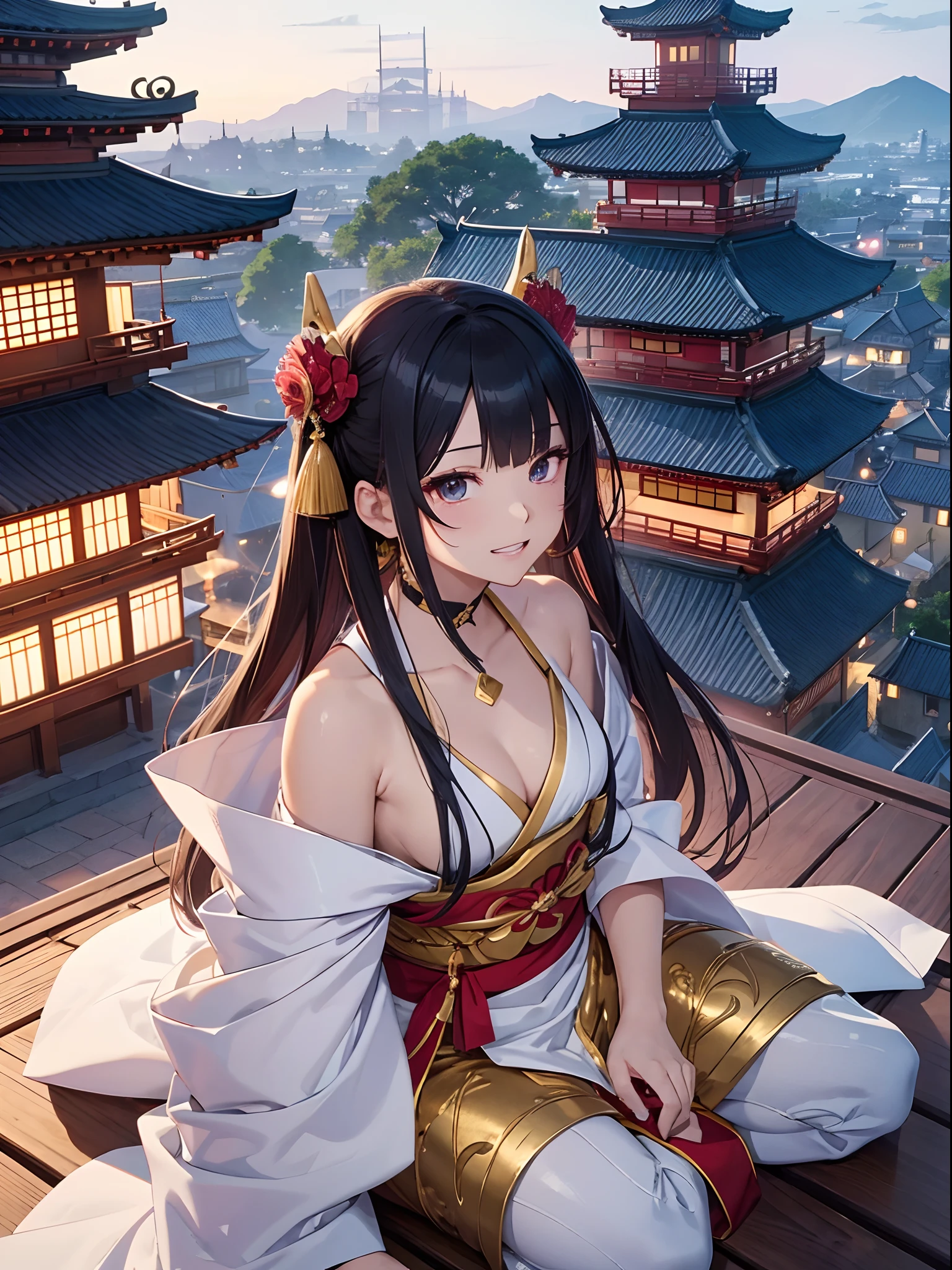 (top-quality、hight resolution、8k、colourfull、animesque、Anime style)。Goemon Ishikawa((Her information:Bandits of 1995、The Great Thief、hearty、heavy drinker、Fleshy lips、well-muscled、double tooth、canine teeth、hanikami、small tits、Full body bandage、bandaged、geta、silber hair、sideways Facing、White headband、Raise bangs、Less exposure、Dress like a kabuki actor、colorful fashion、A large furoshiki with a large number of gold coins on the side、Cross-legged on the roof while enjoying kissel、sit in、View the castle town in the distance from the castle rooftop、Large colorful kimono、spats、accessorized、arm band、tattooed、A large number of ornaments))、The sunset turns the castle town red、Gold and silver treasures、Gold Smalls、It depicts him looking at the stolen money and goods with satisfaction.。