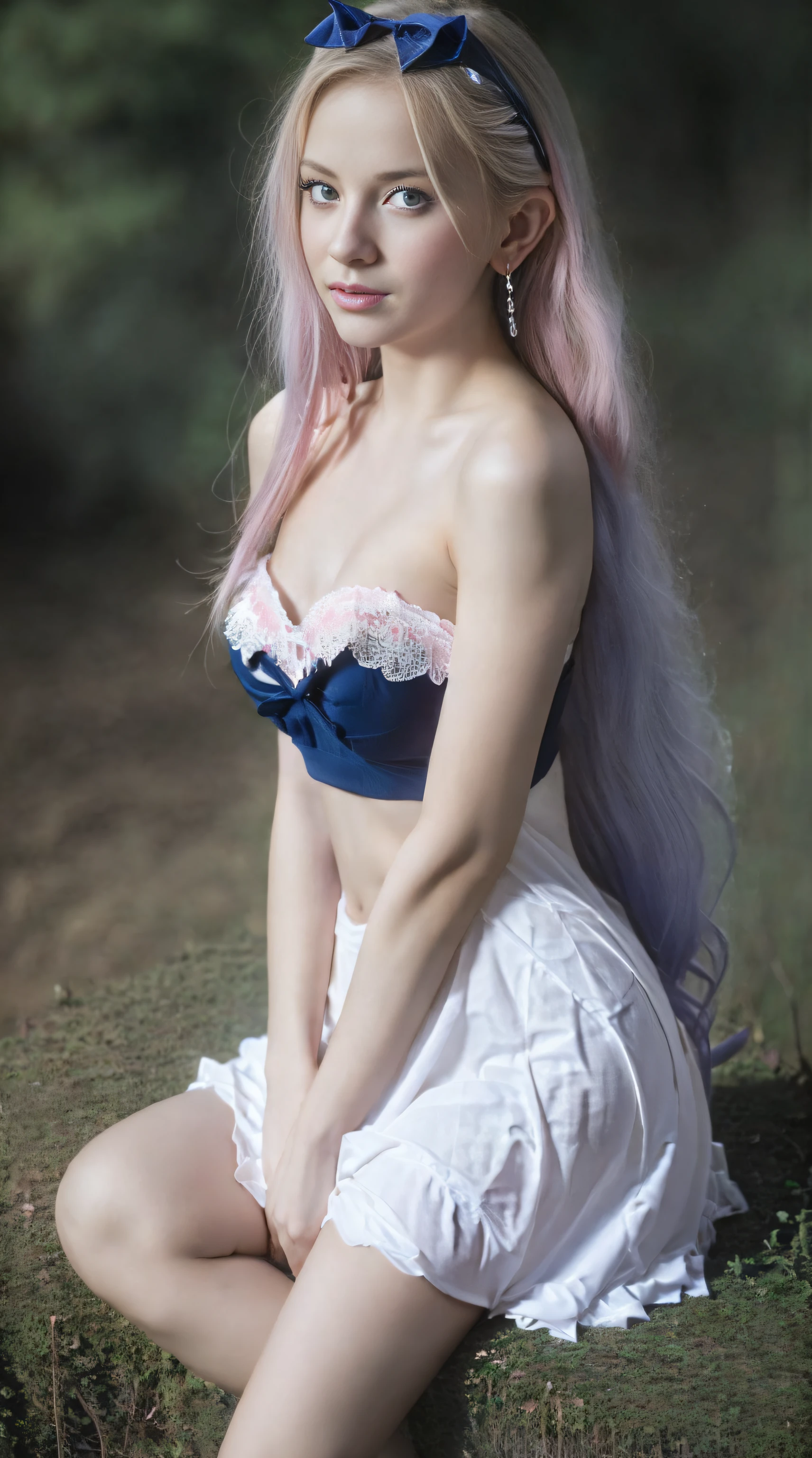 beautiful girl, model body, big blue eyes, small breasts, long legs, medium hoop earrings, pink ta dress, low angle shot, sitting on school chair, showing panties, white panties, very white skin, long hair, wavy hair, blonde hair, school in the forest, classroom, photorealistic, Indirect lighting, volumetric light, specular light, ray tracing, hyper-detailed, best quality, ultra-high resolution, HDR, 8k, Soft focus, fog
