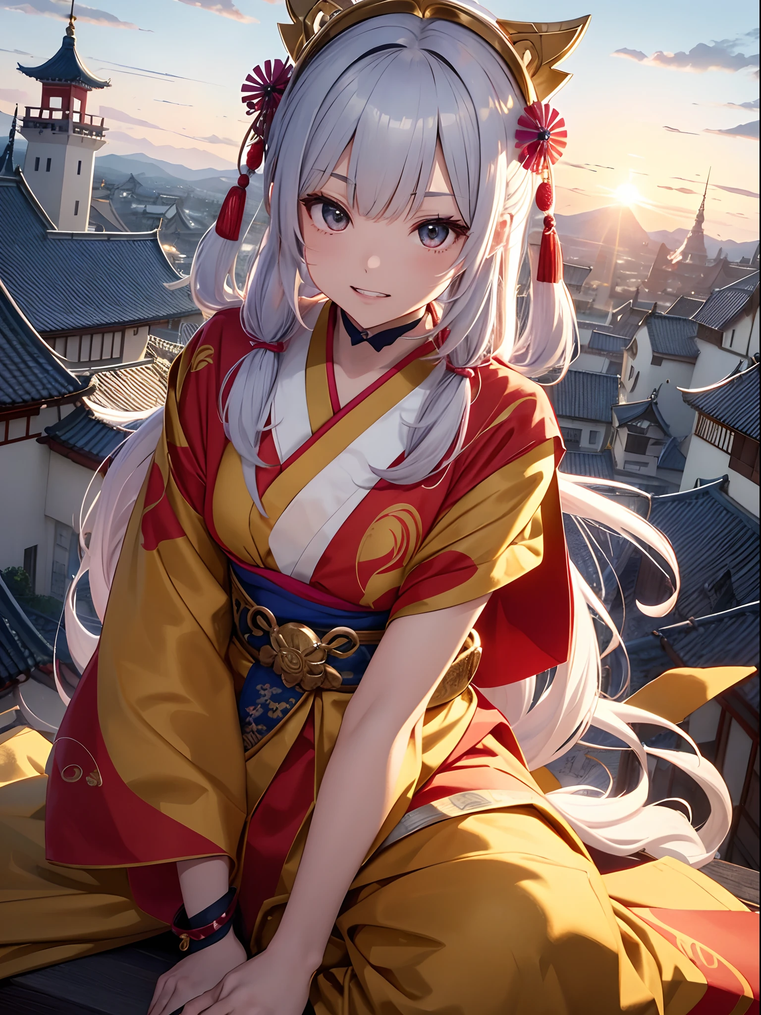 (top-quality、hight resolution、8k、colourfull、animesque、Anime style)。Goemon Ishikawa((Her information:Bandits of 1995、The Great Thief、hearty、heavy drinker、Fleshy lips、well-muscled、double tooth、canine teeth、hanikami、small tits、Full body bandage、bandaged、geta、silber hair、sideways Facing、White headband、Raise bangs、Less exposure、Dress like a kabuki actor、colorful fashion、A large furoshiki with a large number of gold coins on the side、Cross-legged on the roof while enjoying kissel、sit in、View the castle town in the distance from the castle rooftop、Large colorful kimono、spats、accessorized、arm band、tattooed、A large number of ornaments))、The sunset turns the castle town red、Gold and silver treasures、Gold Smalls、It depicts him looking at the stolen money and goods with satisfaction.。