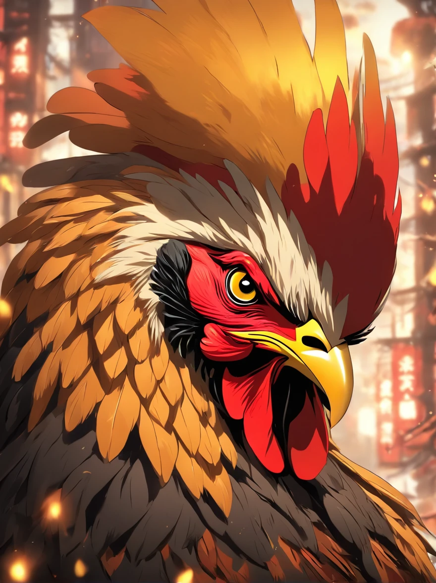 Rooster head, traditional japanese concept art,Chinese mythology,(Anthropomorphic rooster),Chinese armor,Yellow and black wings,Huge feathered tail
