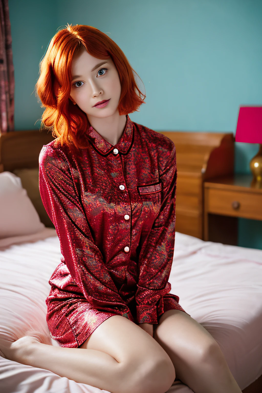 There is a woman sitting on bed wearing pink floral pajamas, Red-haired girl, Beautiful redhead woman, Red-haired woman, Young redhead girl, short bright red hair, red hair and attractive features, Anna Nikonova aka Newmilky, Red-haired girl, redhair, Beautiful woman, Posing in bed, black head, with short black hair,, Pose in the room,fullbody image,