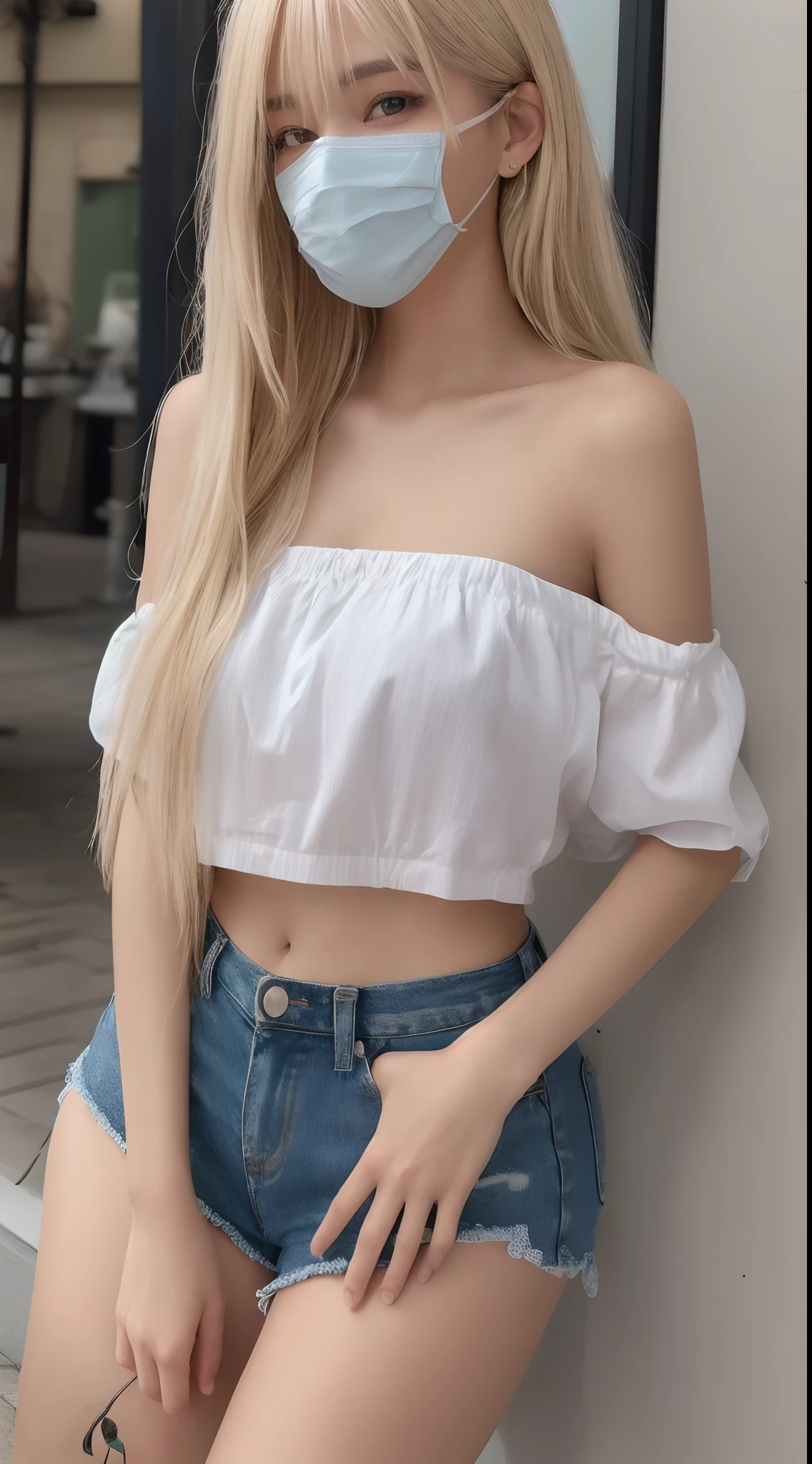 （smile1.6）、Raw photography、(((Portrait of extreme beauty)))、((Tanned skin 1.6｠))、1人、Beautiful 18 year old girl in Japan、bright expression、((platinum-blonde-hair))、Glossy glossy skin、Silky long straight hair、eye liner、Beautiful bangs、Hair between the eyes、((​masterpiece、top-quality、ultra-detailliert、Film Light、intricate-detail、hight resolution、ighly detailed))、细致背景、8KUHD、Digital SLR、Soft light、hightquality、Film grain、FujifilmXT3 、Shallow depth of field、Looking at the camera、middlebreasts、off-shoulder tops、denim shorts、（belly button piercing）、mouth mask、cafe terrace