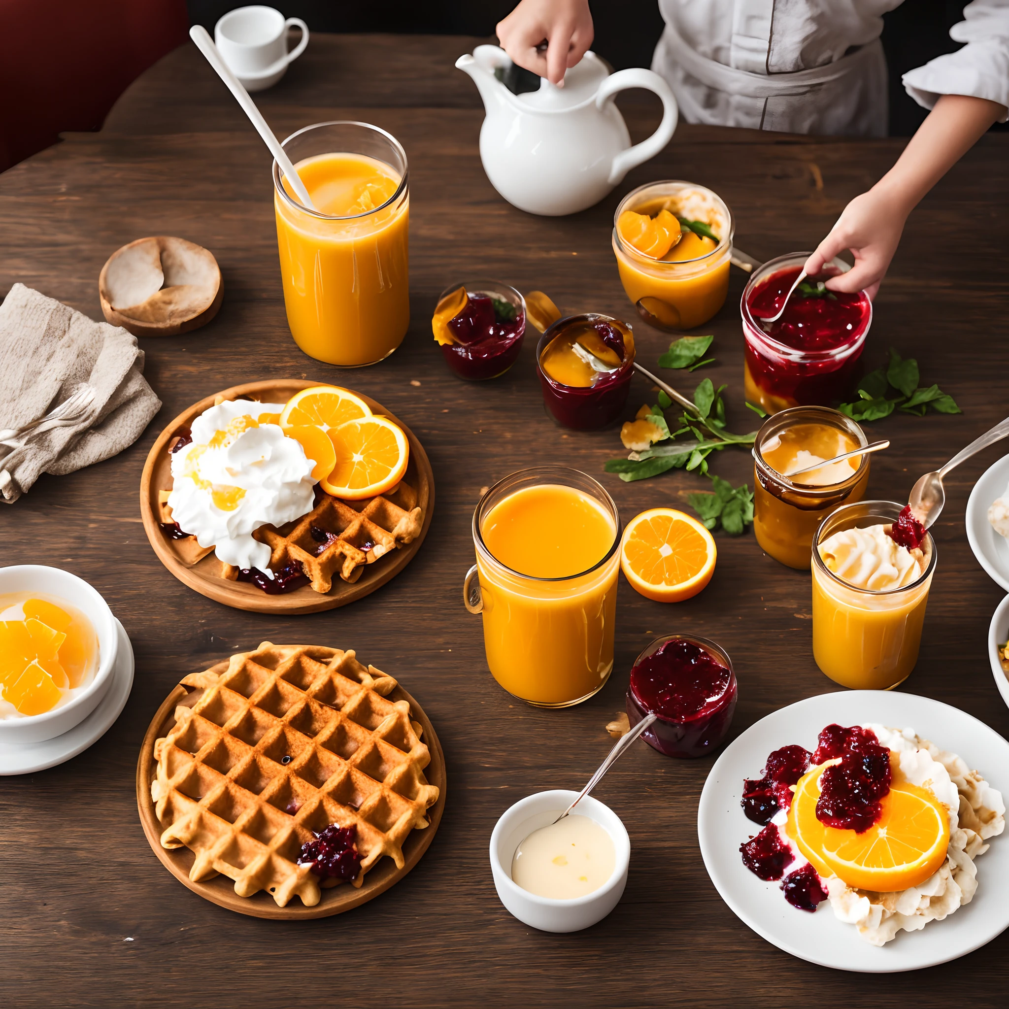 Photo taken with a vintage DSLR camera capturing a cozy dining atmosphere. The central focus is a pair of hands delicately pouring tea from a ceramic pot into a transparent mug against a rustic wooden background. On the table, there are freshly made waffles garnished with cream and berry jam. Adjacent to the waffles, dishes are filled with apple sauce and additional jam, complemented by a glass of orange juice. The warm color palette and blurred bokeh background evoke feelings of comfort, reminiscent of a leisurely brunch setting