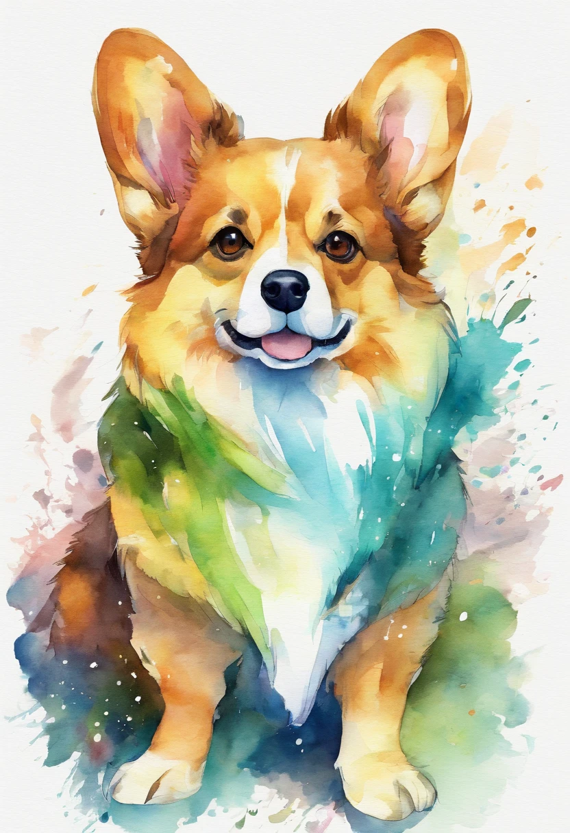 3D watercolor corgi fluffy short nose,deep dark background,high resolution,high high quality,coloring,green, amarelo,blue, brown pubic fur