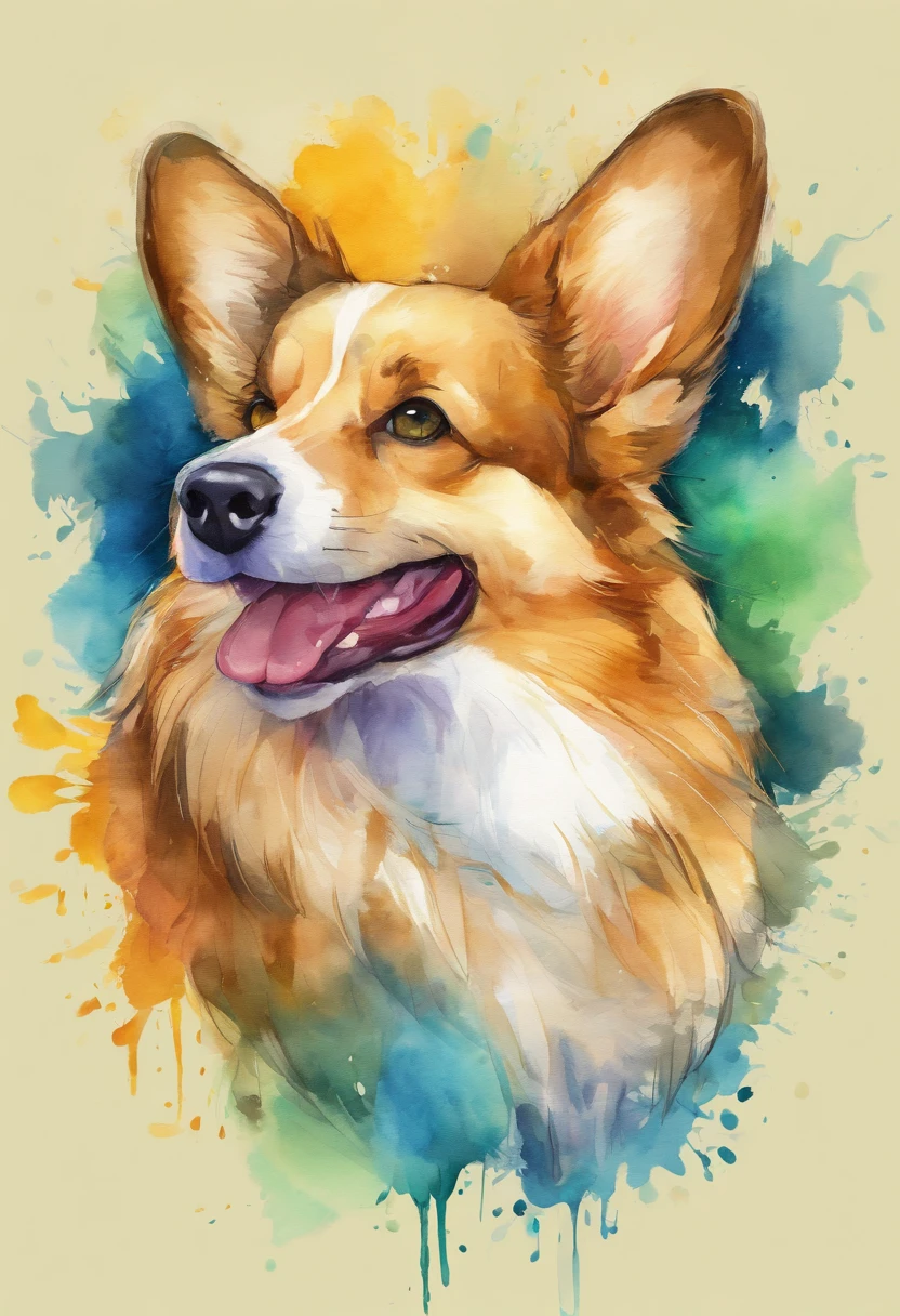 3D watercolor corgi fluffy short nose,deep dark background,high resolution,high high quality,coloring,green, amarelo,blue, brown pubic fur