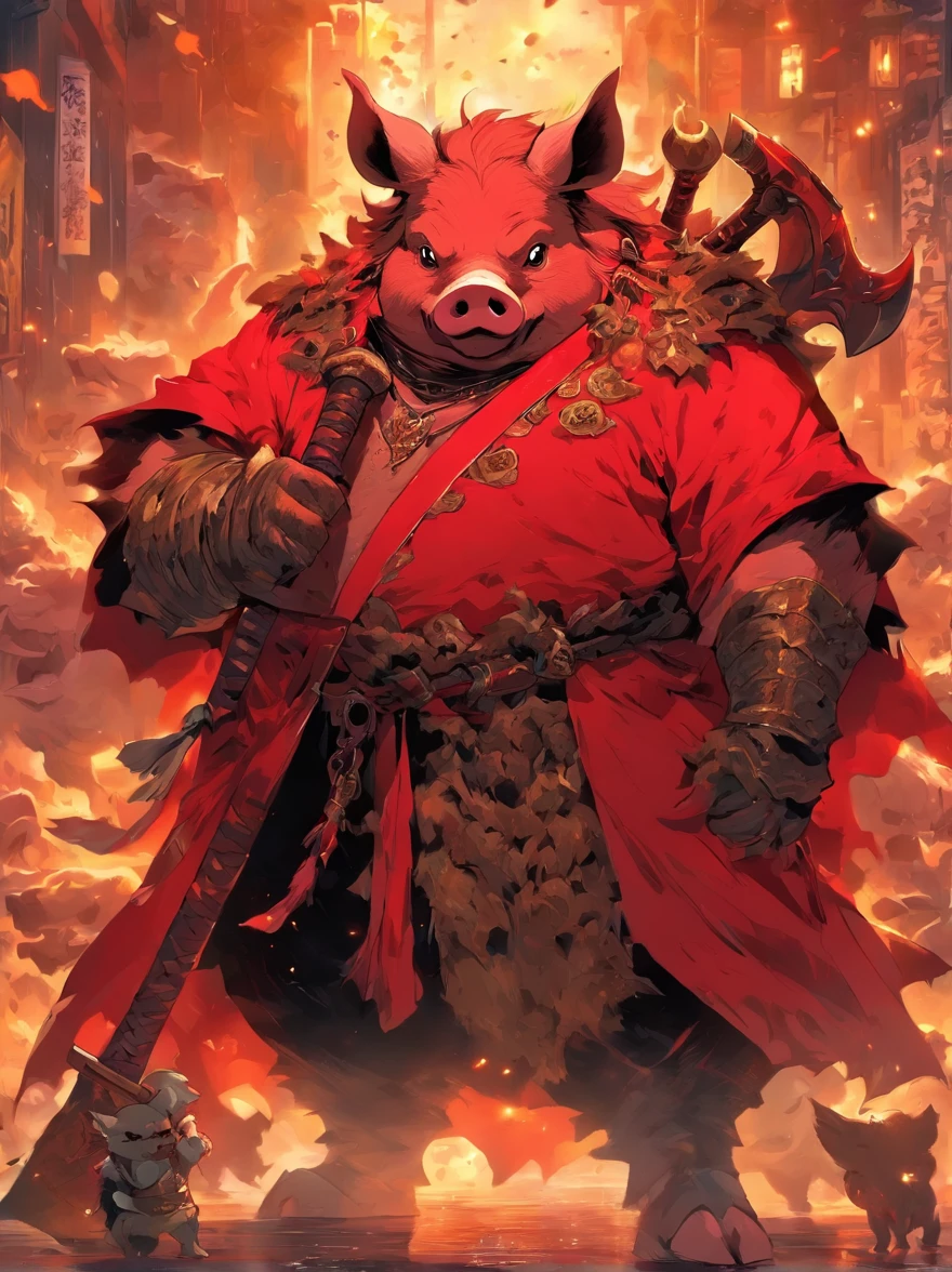 Pig demon，Pig and dog monsters，fatness，dressed in armor，Red robe，With a long axe in his hand