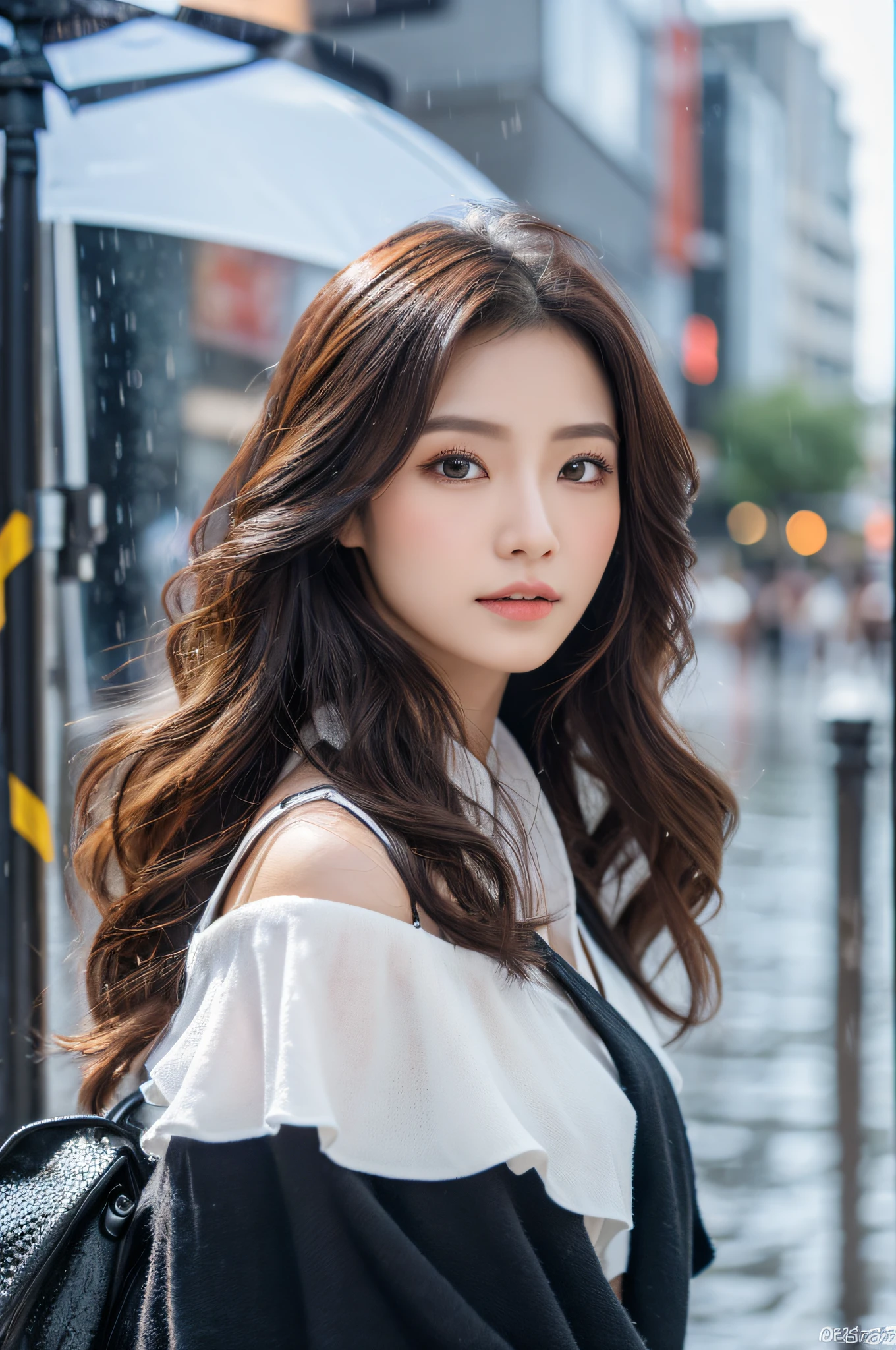 ((Best Quality, 8k, Masterpiece: 1.3)), Focus: 1.2, Perfect Body Beauty: 1.4, Buttocks: 1.2, (Layered Haircut: 1.2)), (Rain, Street:1.3), Highly detailed face and skin texture, Fine eyes, Double eyelids, Whitening skin, Long hair, (Round face: 1.5), sweet_lolita