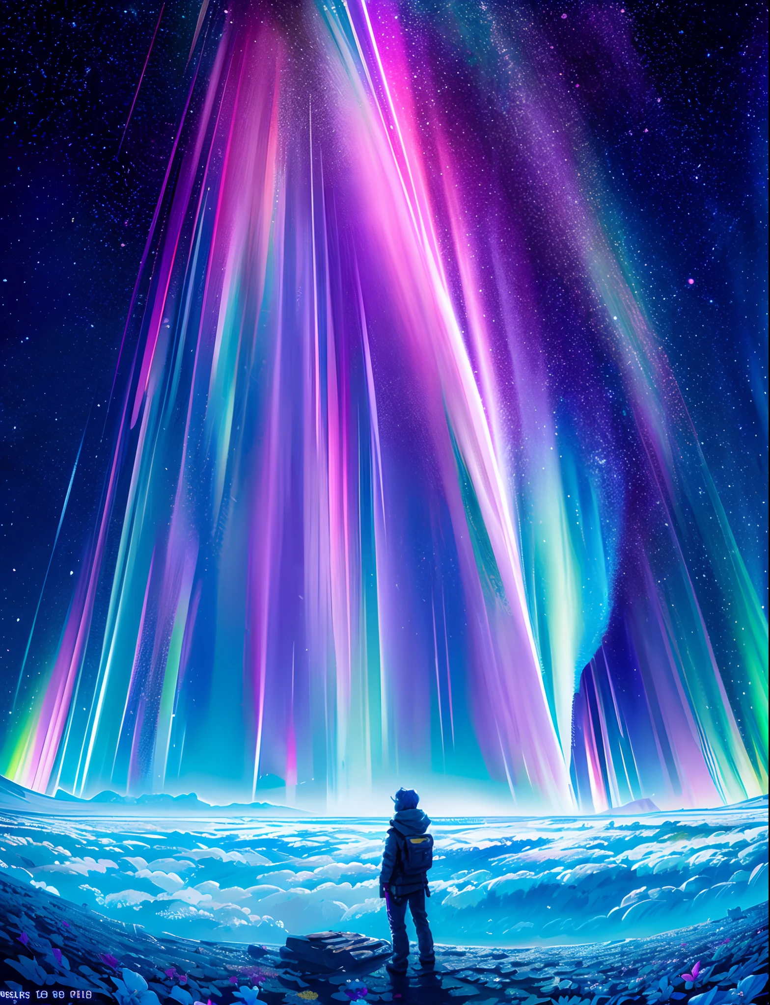 tmasterpiece， Neon stars， Around the flowers，truth， expecting， Depth-of-fie， insight， Understood， mont， Lush translucent clouds of the Milky Way， spectrum， in a panoramic view， Star cycle， cycle， portal， Mare， extreme light， The Global Northern Lights