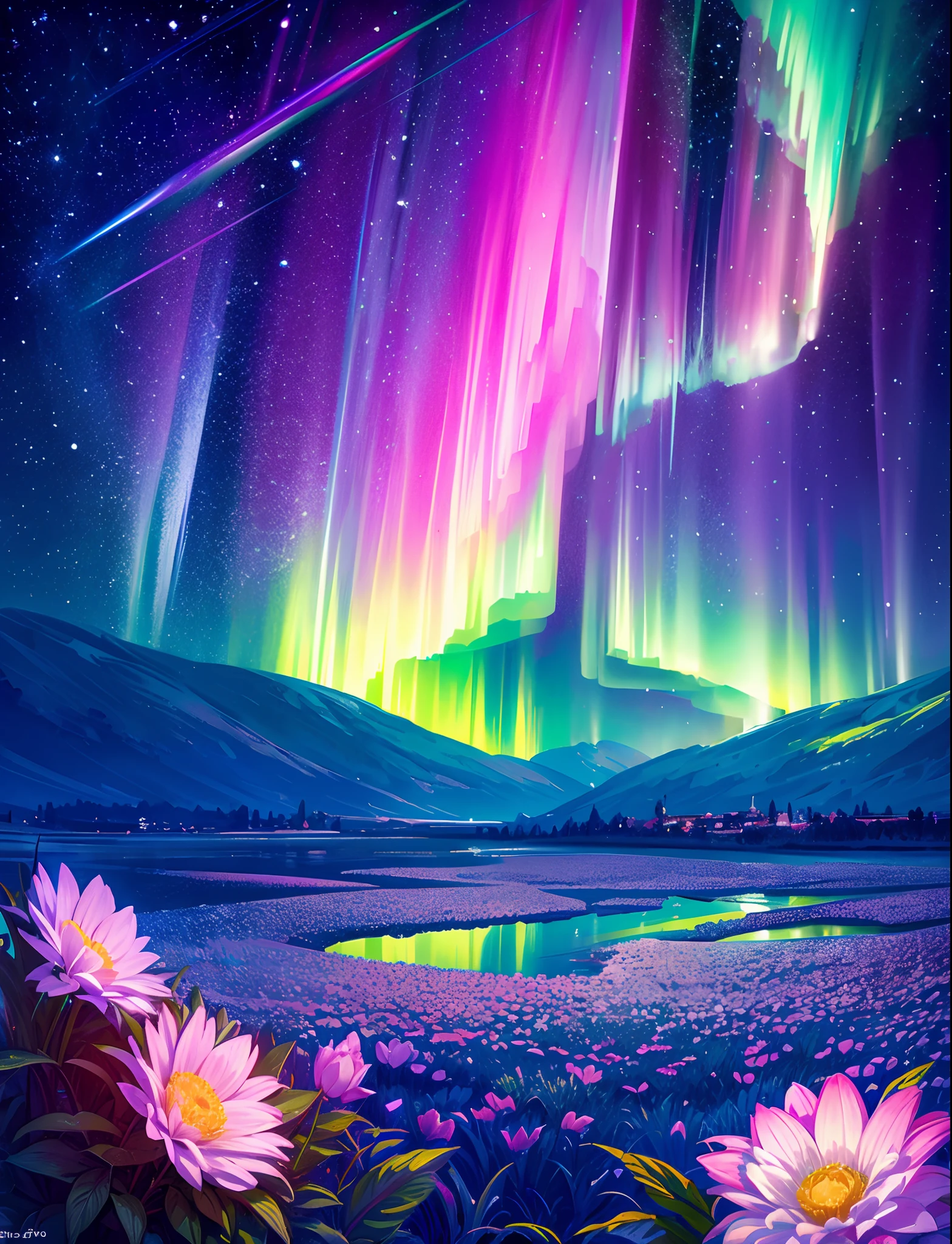 tmasterpiece, Neon stars, Around the flowers,truth, expecting, Depth-of-fie, insight, Understood, mont, Lush translucent clouds of the Milky Way, spectrum, in a panoramic view, Star cycle, cycle, portal, Mare, extreme light, The Global Northern Lights