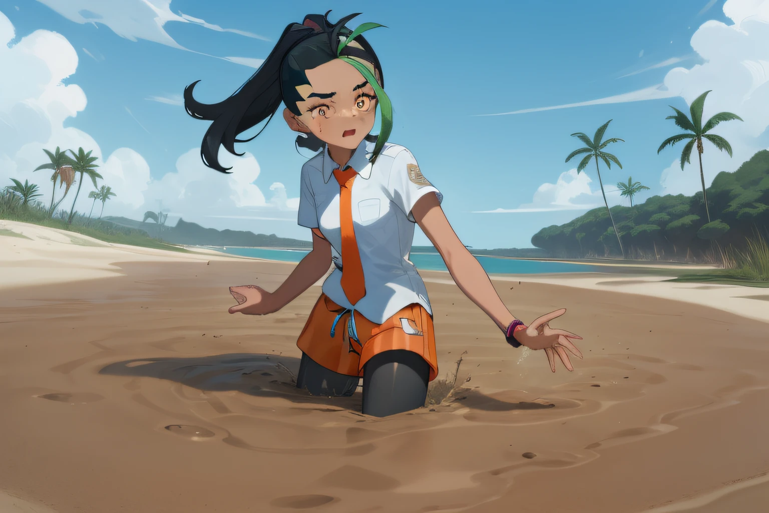 nemona \(pokemon\), white collared shirt, orange necktie, orange shorts, black pantyhose, cowboy shot, stuck in a bottomless pool of sand and water, trying to get out, environment: sandy swamp near a beach, sea, sky