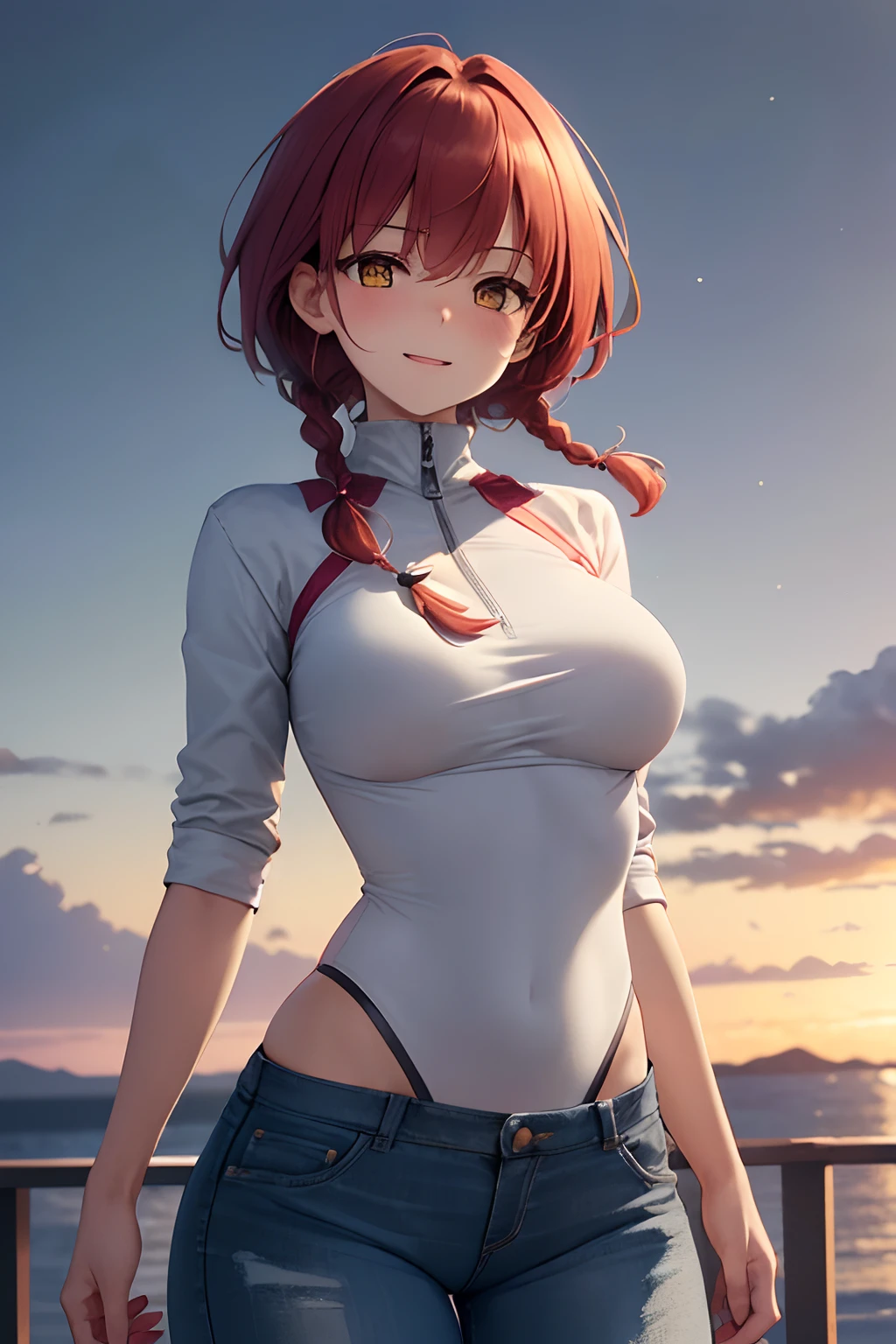 ((best masterpiece)), (detailed 16K illustration), ((high resolution)), break, cute, (one girl), short height, big breasts, (: 1.5), //hair, (red Hair), (Short Hair Braids: 1.5), Braided Two Side Hair, Shoulder Length, Symmetrical Clear Eyes, (Yellow Eyes), Shining Eyes, (Blush), Red Cheeks, (Open mouth), pleased, happy, smiling, breasts, (big breasts: 1.3), (breast exposure), ((beautiful fingers)), perfect fingers, slim body, ((white down jacket with zipper, outerwear)), soft fabric, white tank top, (details, denim pants with clear body lines: 1.7), denim pants, break, ((from the front)), from the front, standing, (one hand on the chest) guess: 1.5), break, (winter: 1.5), cold, night, midnight, dark, (evening: 1.5), sunset, fantastic outdoor light, glow, spectacular view