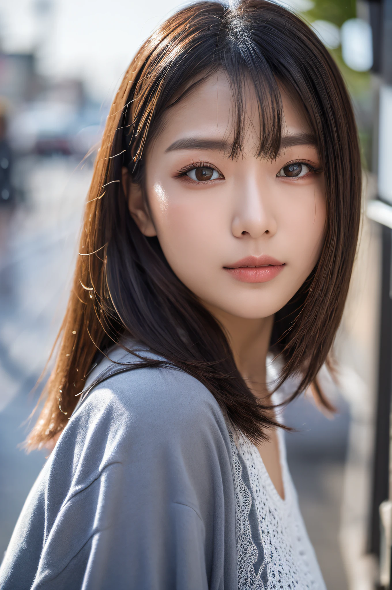 (1 woman:1.1)、Beautiful Japan adult woman、((best qualtiy, 8K, tmasterpiece:1.3))、((realisitic:1.5))、((sense of reality:1.5))、Perfect litthing、Perfect figure beautiful woman:1.4、((Layered Hair Style、ample breasts:1.2))、(long shirt:1.2)、(Street:1.2)、Highly detailed facial and skin texture、glowy skin、A detailed eye、二重まぶた、(The front of the shirt is open:1.1)、(breast cleavage exposed:1.1)、(small areolas:1.3)、(Small beautiful nipples:1.3)、see the beholder、Upshot、