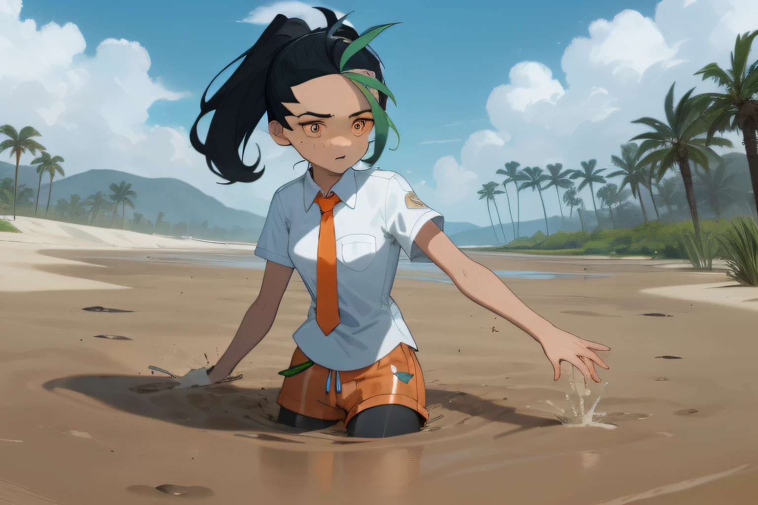 nemona \(pokemon\), white collared shirt, orange necktie, orange shorts, black pantyhose, cowboy shot, stuck in a bottomless pool of sand and water, trying to get out, environment: sandy swamp near a beach, sea, sky