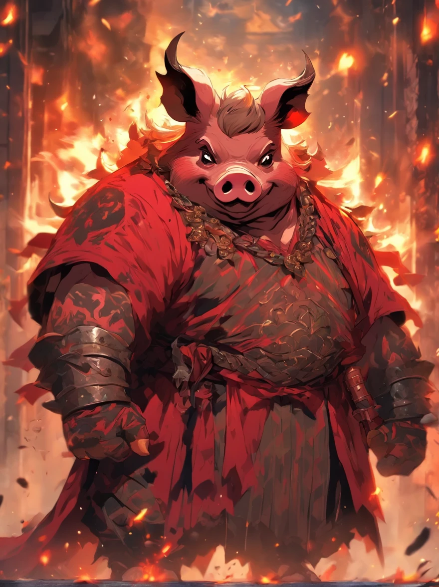 Pig demon，fatness，dressed in armor，A robe is worn over the armor，With a long axe in his hand，Fierce expression，irate