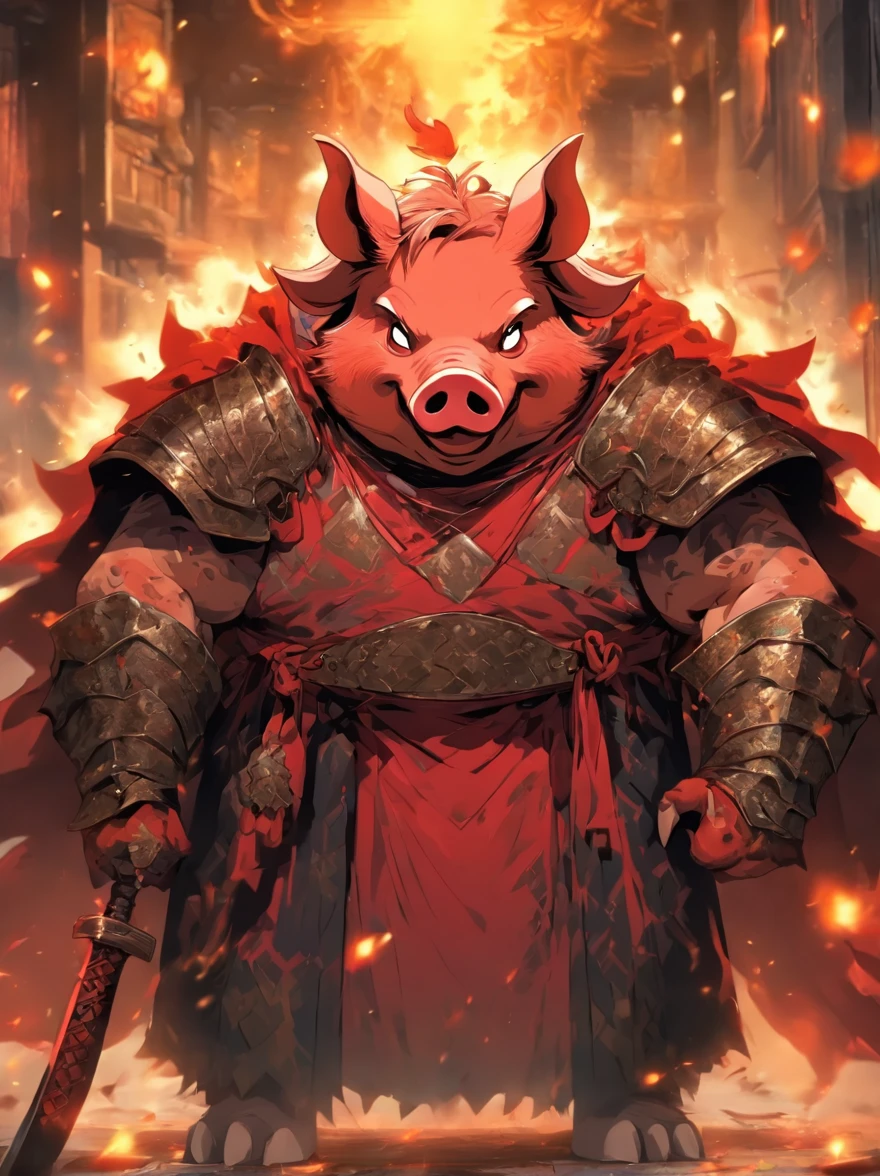 Pig demon，fatness，dressed in armor，A robe is worn over the armor，With a long axe in his hand，Fierce expression，irate