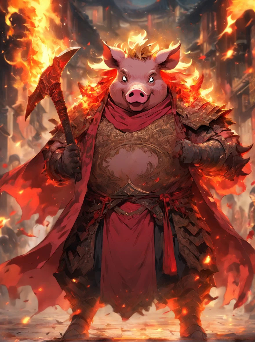 Pig demon,fatness,dressed in armor,A robe is worn over the armor,With a long axe in his hand,Fierce expression,irate