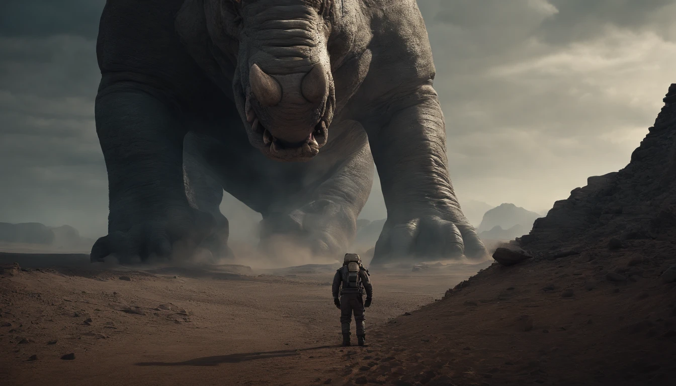 An astronauts back infront of a colossal monster beast in other planet