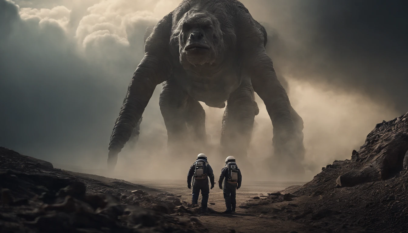 An astronauts back infront of a colossal monster beast in other planet