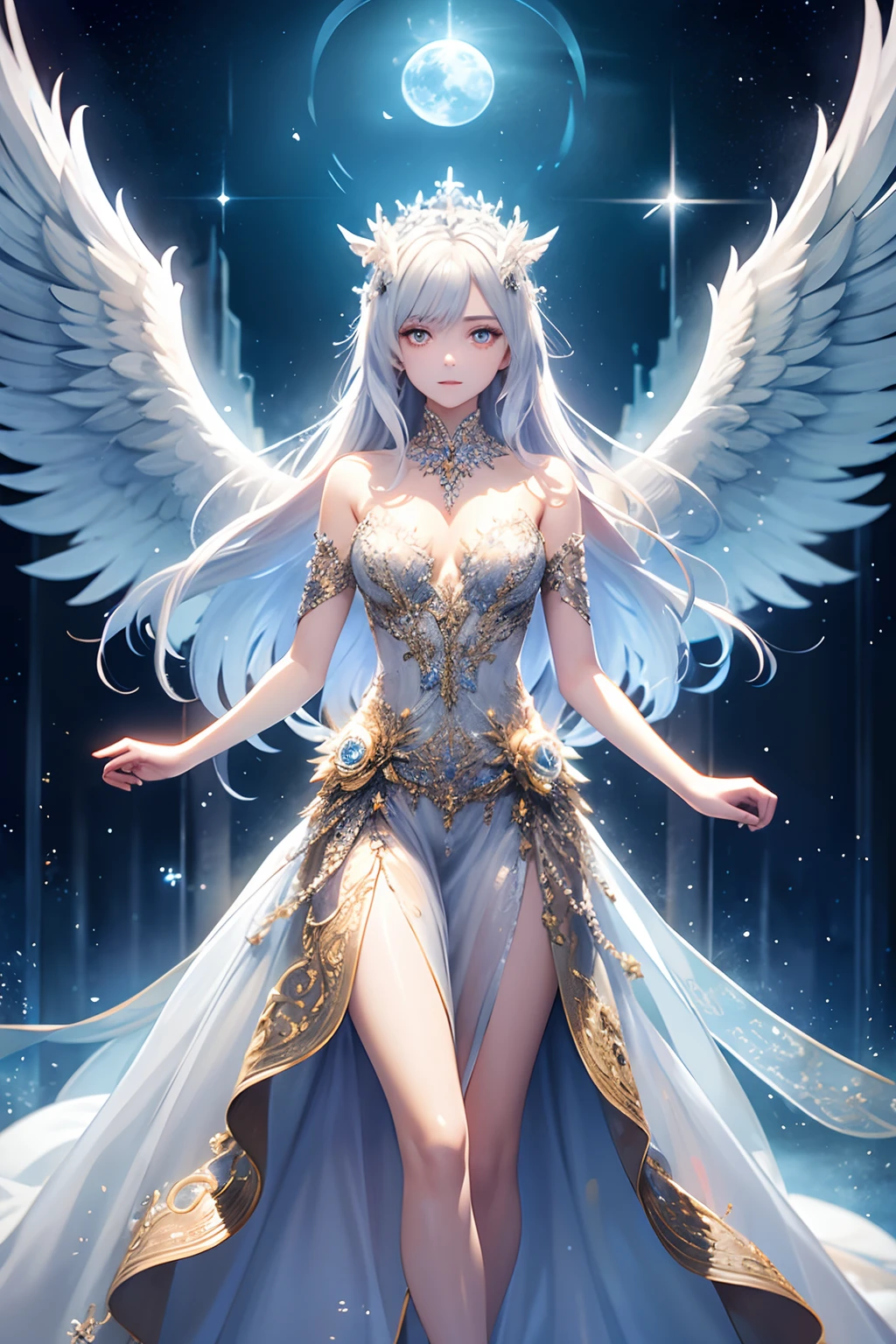 Dark angel, angel wings, twinkling sky, moonlight, golden finish, flowing dress, intricate details, long white hair, glowing eyes, thin silver crown, nightmarish atmosphere, glowing, high quality, sparkling, elegant, electric, full figure,