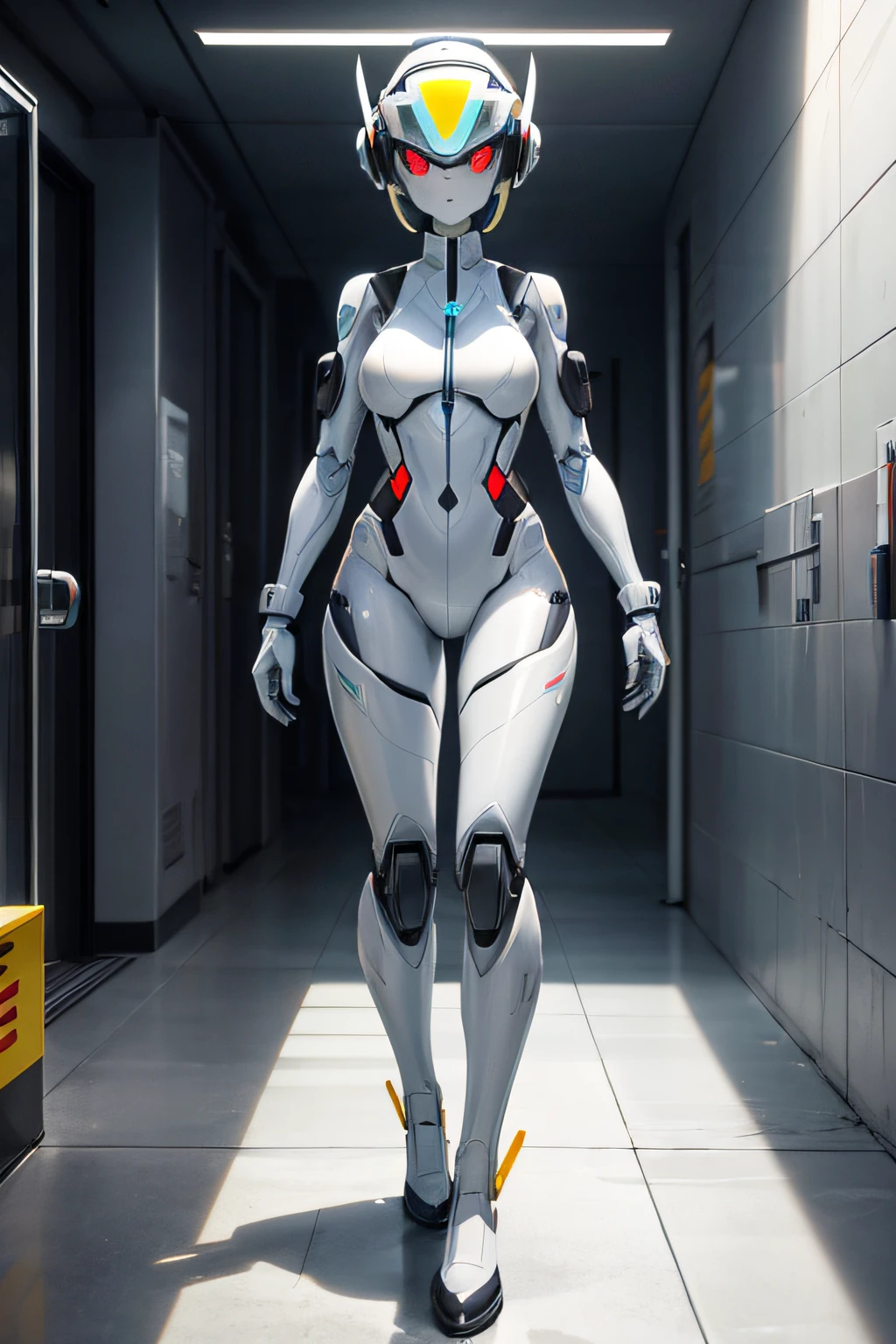 Female security guard robot guarding the inside of a building The whole body is a machine Helmet-shaped head Ears are sensors Chest Light Under guard Full body like, nffsw, retinas, masutepiece, ccurate, Anatomically correct, Textured skin, Super Detail, high details, High quality, awardwinning, Best Quality, hight resolution