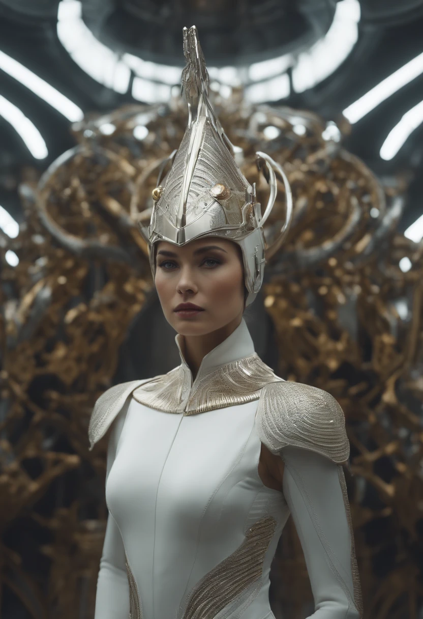 arafed woman in a futuristic suit standing in a room with many metal objects, still frame from prometheus, by Huang Ding, white russian clothes, rendering of beauty pageant, mesh headdress, machine elves, luxury advertisement, shoulders can be seen, cyber patterns, still frame from a movie --ar 16:9