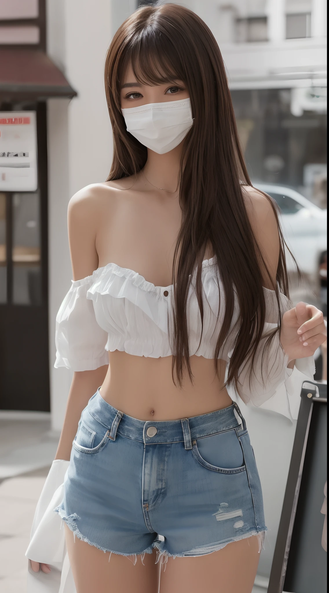 （smile1.6）、Raw photography、(((Portrait of extreme beauty)))、((Tanned skin 1.6｠))、女の子1人、Beautiful 18 year old girl in Japan、bright expression、((Light brown hair))、Glossy glossy skin、Silky long straight hair、eye liner、Beautiful bangs、Hair between the eyes、((​masterpiece、top-quality、ultra-detailliert、Film Light、intricate-detail、hight resolution、ighly detailed))、细致背景、8KUHD、Digital SLR、Soft light、hightquality、Film grain、FujifilmXT3 、Shallow depth of field、Looking at the camera、middlebreasts、off-shoulder tops、denim shorts、（belly button piercing）、mouth mask、cafe terrace
