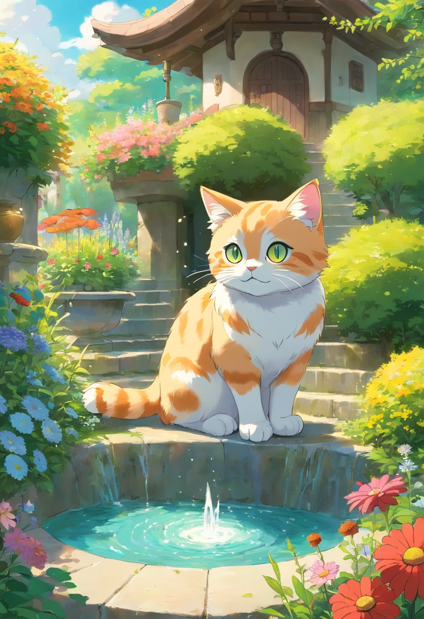 Cute cat with round eyes, Garden fountain, Wildflowers, Distant home