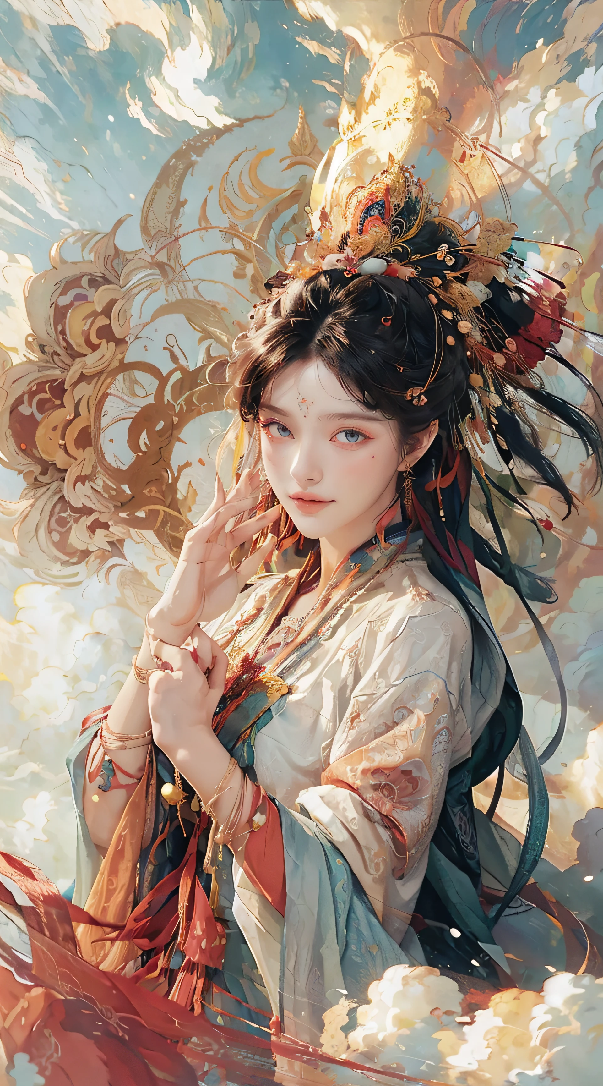 (((White Cloud Background))), (((High Saturation))), ((Surrounded by Color Splashes)))) Ultra Detailed, Beautiful and Aesthetic, Masterpiece, Best Quality, (Zentangle, Mandala, Tangled, Entangle), (Fractal Art: 1.3), 1girl, Very Detailed, Dynamic Angle, Cowboyshot, Most Beautiful Forms Chaotic, Elegant, Fauvist Design, Bright Colors, Romanticism, Michal Mraz, Adrian Ghenny, Petra Courtwright, atmospheric, ecstatic notes, flow notes visible