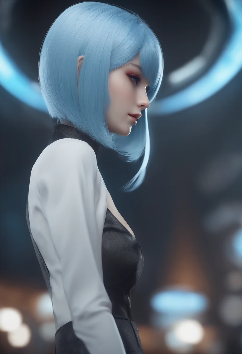 Short Bob Light Blue Anime Standing Back