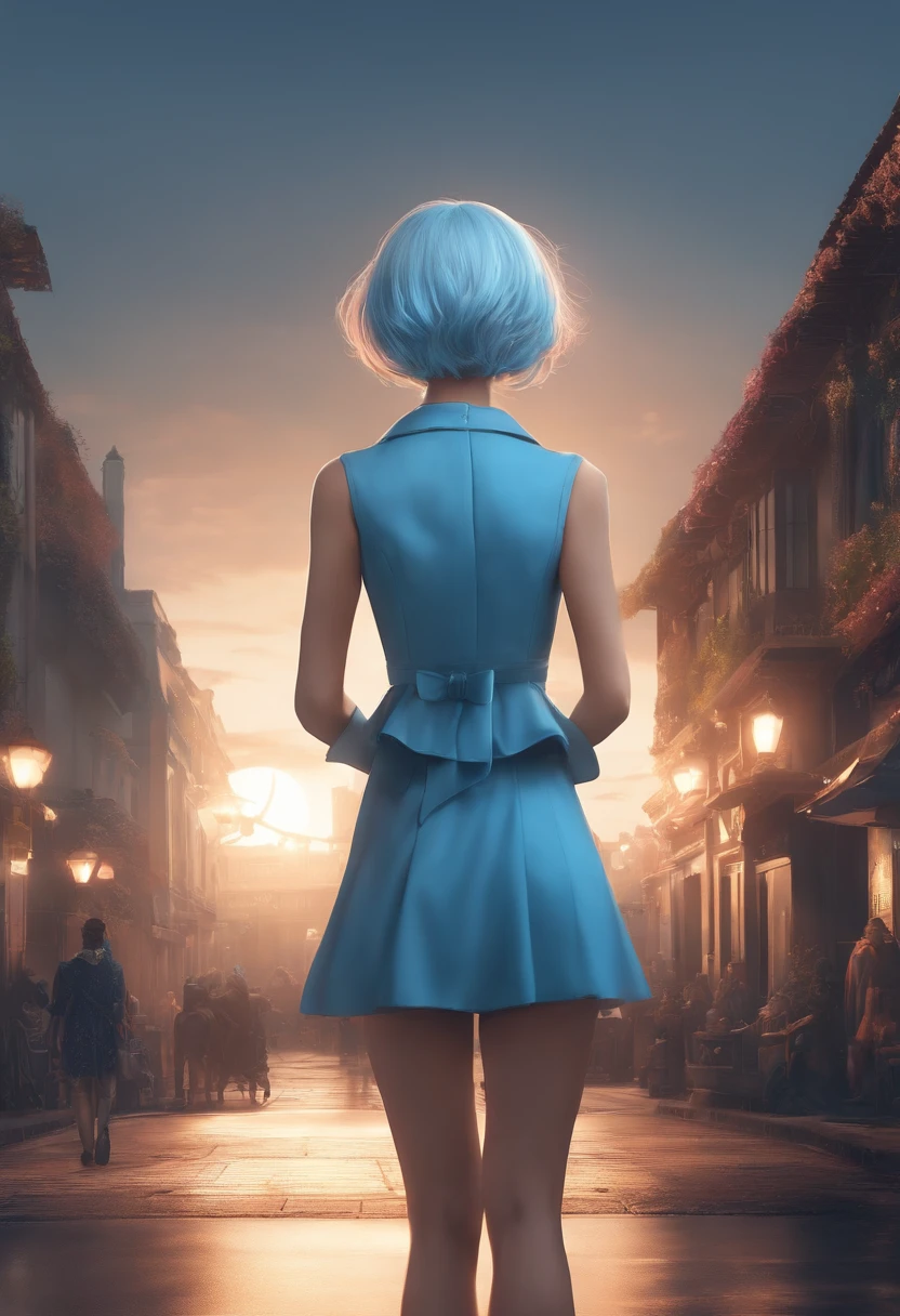 Short Bob Light Blue Anime Standing Back