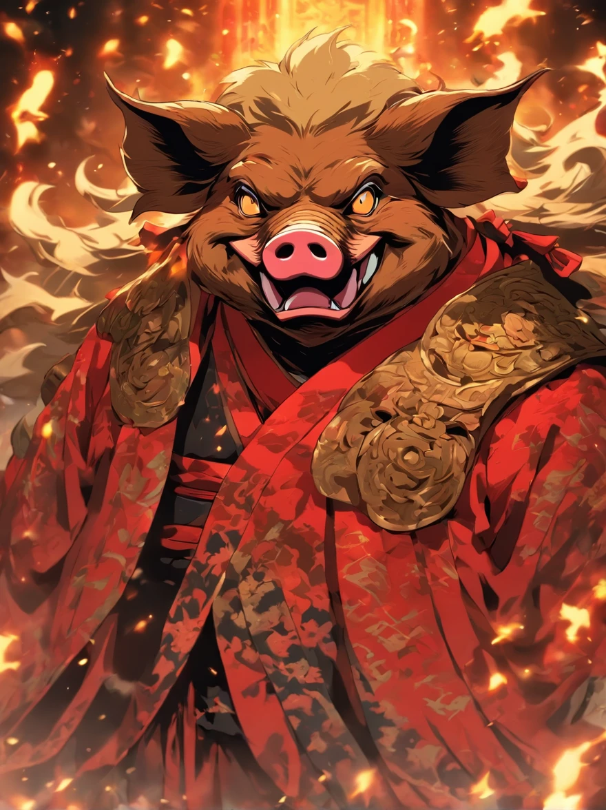 Pig demon，youkai，Burly，dressed in armor，A robe is worn over the armor，With a long axe in his hand，The expression is fierce，unholy，