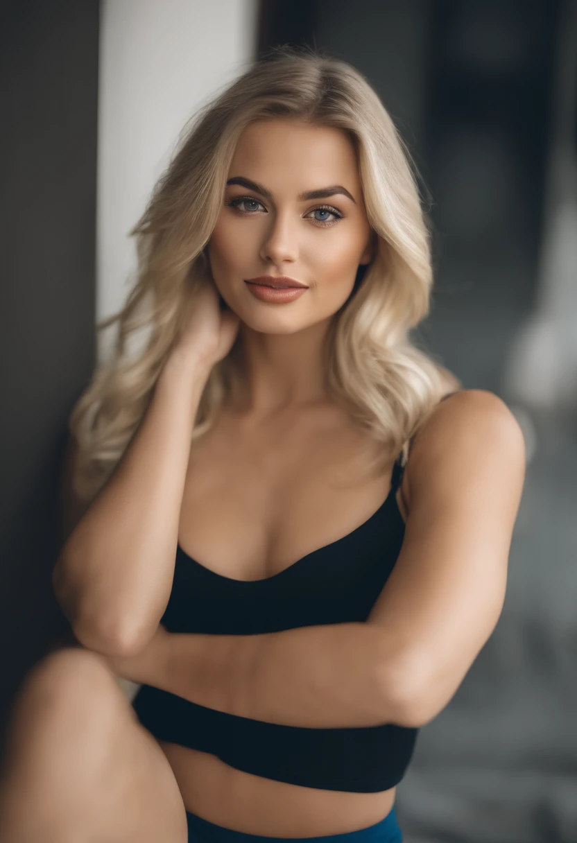 A beautiful smiling caucasian pornstar sitting in class wearing a white bikini, cleavage