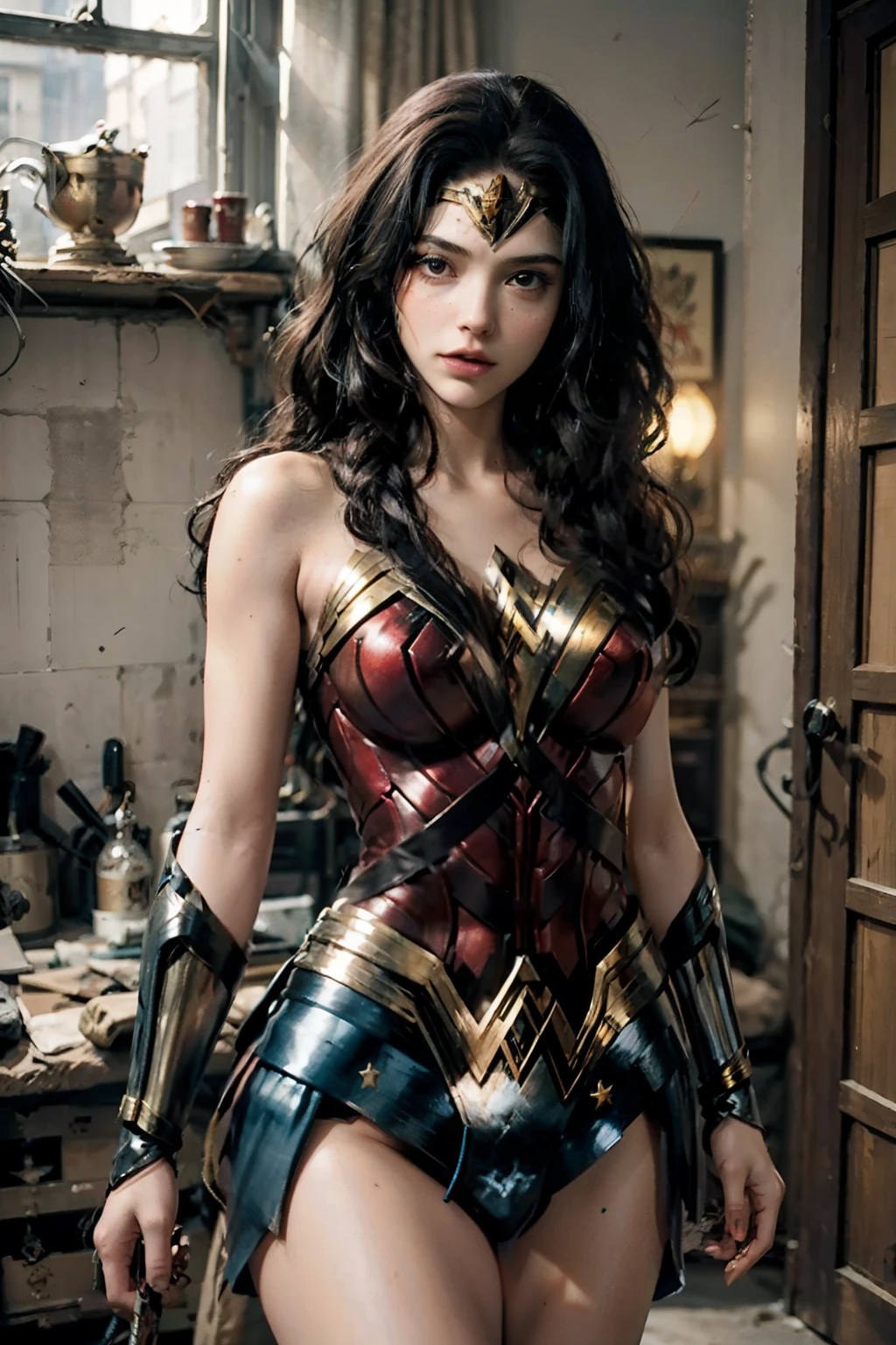 Usando color maravilla_Mujer_cosplay_Traje hecho_de_Fractales, robo, ladornes se preparan para disparar a wonder woman