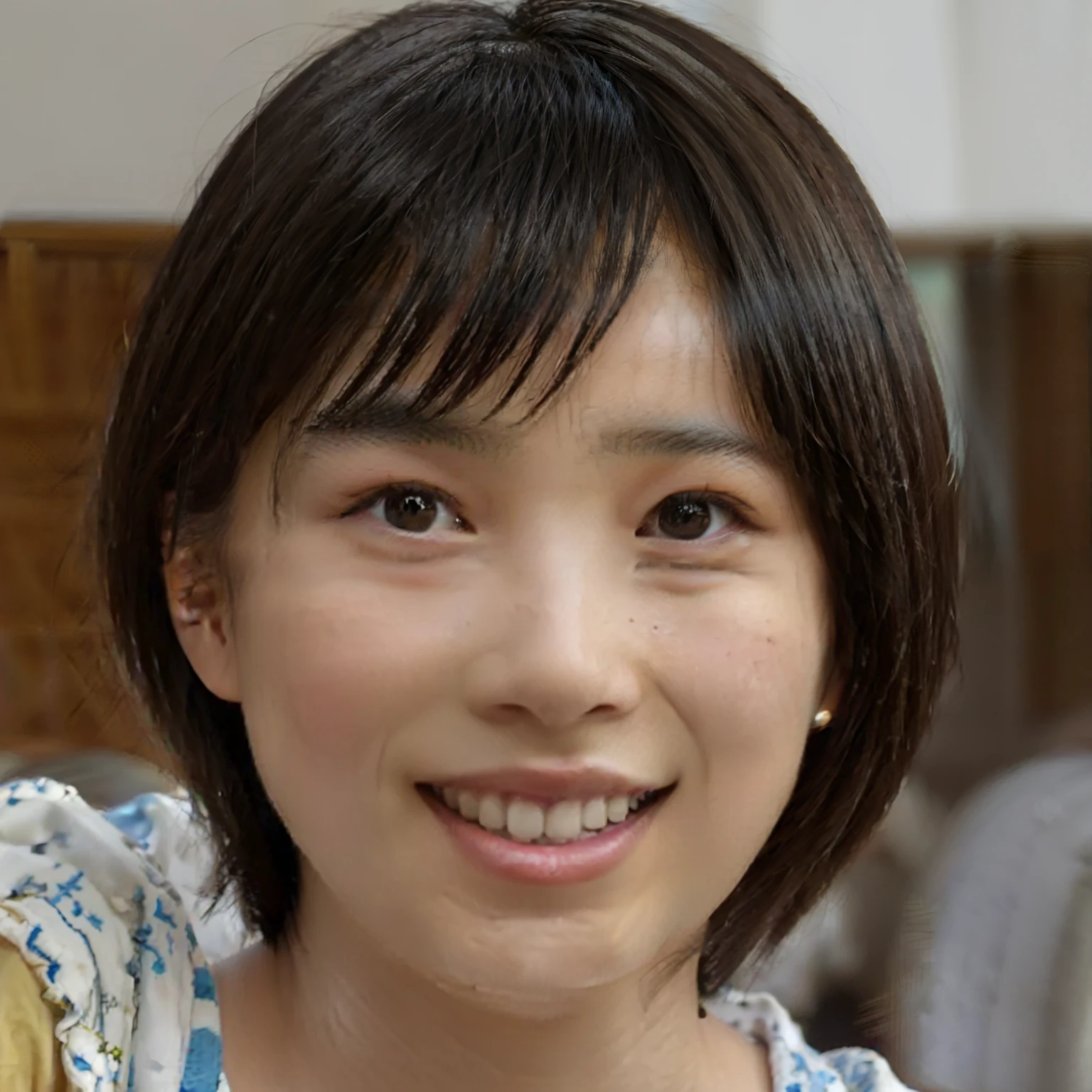 smiling woman with a yellow necklace and a blue and white shirt, portrait of christy ren, gemma chen, wenfei ye, mei-ling zhou, katherine lam, louise zhang, yun ling, a young asian woman, wu liu, lei min, kan liu, jen zee, lulu chen, chengyou liu, kamwei fong, janice sung, qiu fang