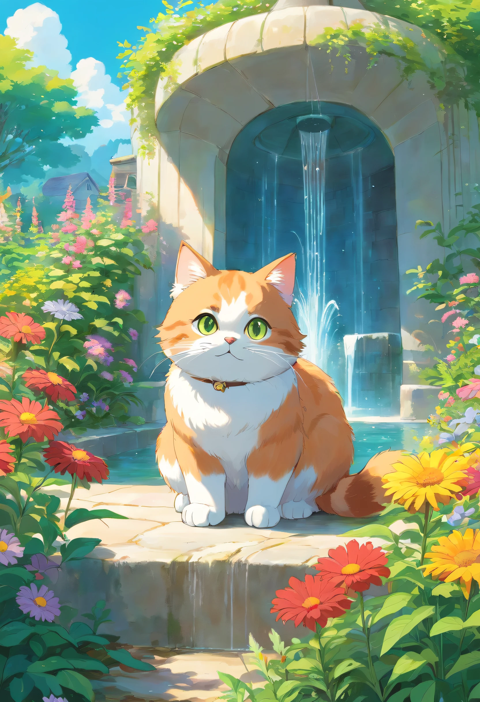 Cute cat with round eyes, Garden fountain, Wildflowers, Distant home