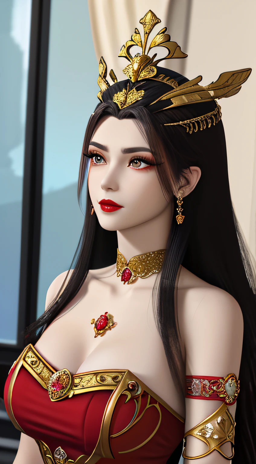 A beautiful queen wearing a red antique dress with gold trim, beautiful face, long hair, golden crown on her head, mysterious neck and hair jewelry, Light red irises, big round eyes, thin and sharp eyebrows, detailed and sharp eyelashes in every detail, red lipstick petite lips, slim shoulders, plump boobs, big, round and regular breasts, slim waist, RAW photos, Detailed photos, highest quality photos, 8k Queen upper part, upper body,