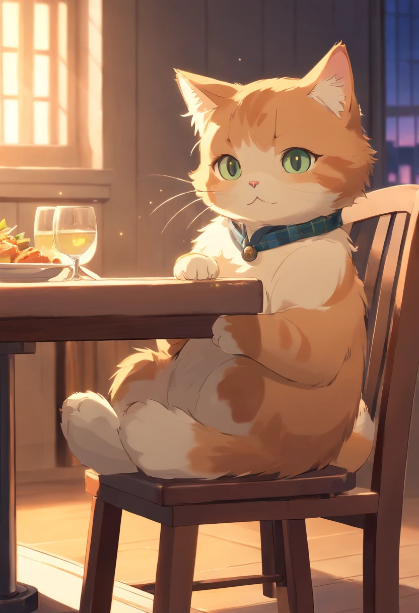 Scottish folding cat, Close-up. Sit down on a chair in the dining room for dinner, Light lighting,