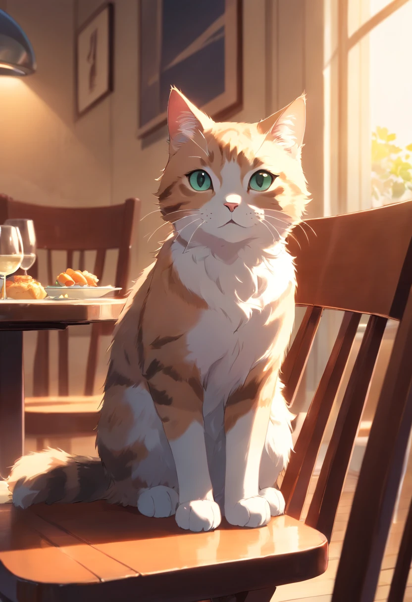 Scottish folding cat, Close-up. Sit down on a chair in the dining room for dinner, Light lighting,