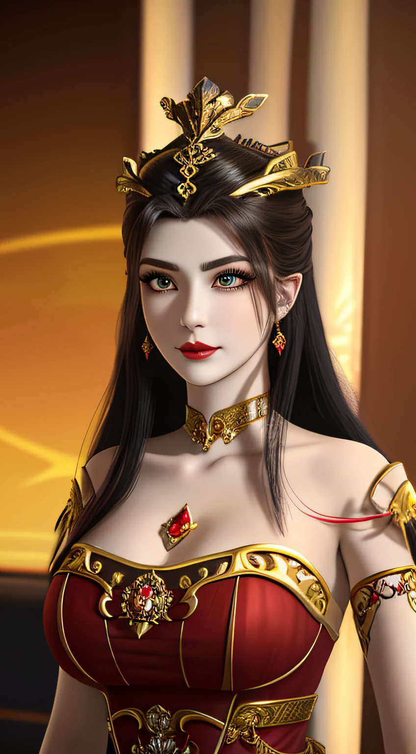 A beautiful queen wearing a red antique dress with gold trim, beautiful face, long hair, golden crown on her head, mysterious neck and hair jewelry, Light red irises, big round eyes, thin and sharp eyebrows, detailed and sharp eyelashes in every detail,  red lipstick petite lips, slim shoulders, plump boobs, big, round and regular breasts, slim waist, RAW photos, Detailed photos, highest quality photos, 8k Queen upper part, upper body,