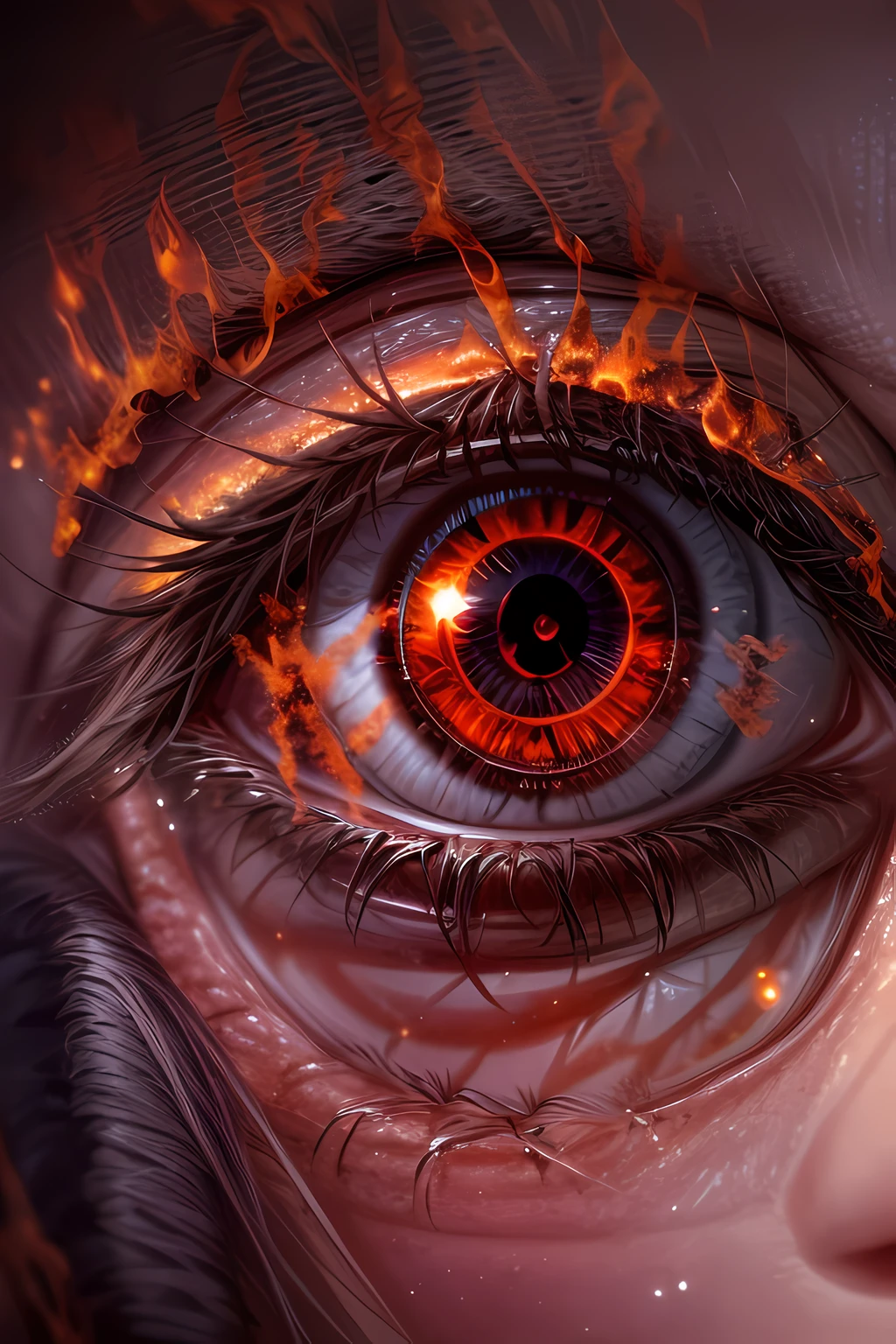 arafed, high details, best quality, 16k, [ultra detailed], masterpiece, best quality, (extremely detailed), dynamic angle, ultra wide shot, RAW, photorealistic, a extreme magnified picture of (1) fiery eye of a black devil, red iris, a full black moon, round moon being reflected on the iris, 3D rendering, [[anatomically correct]] zrpgstyle