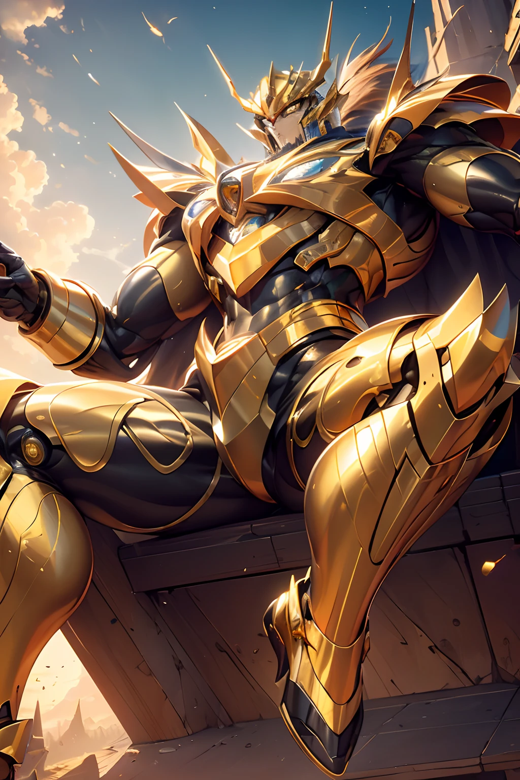 ((Top quality, 8K, Masterpiece: 1.3)), Metal Dragonman, super definition, Golden mecha skin,Golden eyes, robot, eyes beautiful, Once you see it, Don't forget, Background of the evening sky, The natural color of the body, Machine,