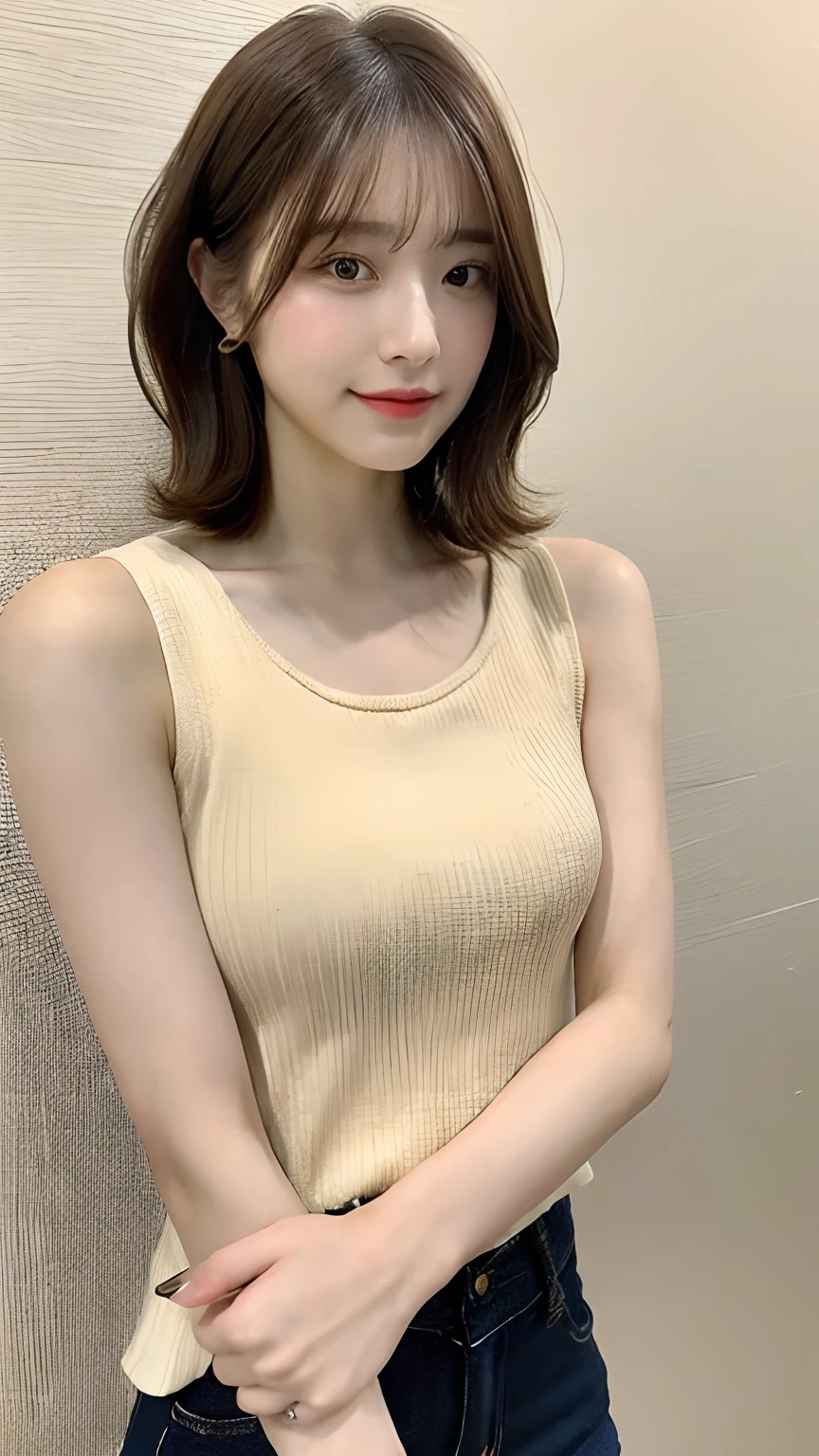 Ultra-realistic), (An illustration), (High resolution), (8k), (Very detailed), (最高のAn illustration),(Raw photo, Best Quality), (Realism, Photorealistic:1.4), Mastepiece, Very delicate and beautiful, Extremely detailed, 2k wallpaper, amazing, Fine details, Very detailedなCGユニティ8kの壁紙, Super detailed, High resolution, Beautiful detailed girl, Very detailedな目と顔, Beautiful detailed nose, Beautiful detailed eyes,Cinematic Lighting,Perfect Anatomy,Perfect promotion,(A shy smile, Beautiful Face), ((Perfect Legs, Perfect legs, Perfect hands, Perfect hands指, Perfect Arms, A shy smile, The mouth is perfect)), Looking straight at the camera, Bangs and ear bangs、necklace、 (((Cute Japanese girl wearing white skinny pants)))、 (((A beautiful 20 year old Japanese girl wearing a yellow sleeveless sweater))), (((H cup big breasts)))、(((Bursting Busty!!!!!!!!!))) (((Huge boobs!!!!)))、((Huge breasts))、(((Attractive big breasts!!!!!!))), ((((Full body writing)))), ((((Medium Short Hair)))), ((Solo Photo)), ((Black Hair)), ((((Beautiful smile)))), (Slender body), ((Standing indoors in a seductive pose)), ((Emphasis on cleavage)), (((Sexy pose)))