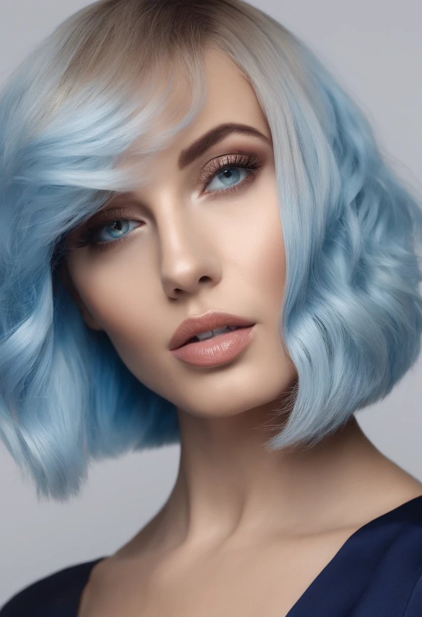 ultra detailed beautiful woman, 25 years-old woman, stunningly beautiful, stylish light blue hair, light blue dress, light blue eyes, her whole head is visible with hair, light blue jewel necklace, earrings, light blue eyeshadow visible on her eyelids and eyeliner on her eyes, very long eyelashes, stuningly beautiful face, focus on face, holographic, light particles, ultra detailed illustration, hit definition, very bold and vivid colors, 32k resolution, best quality, volumetric lighting, “best quality”, “masterpiece", half of her body is visible, top of her dress is visible, ultra realistic, high-quality detail