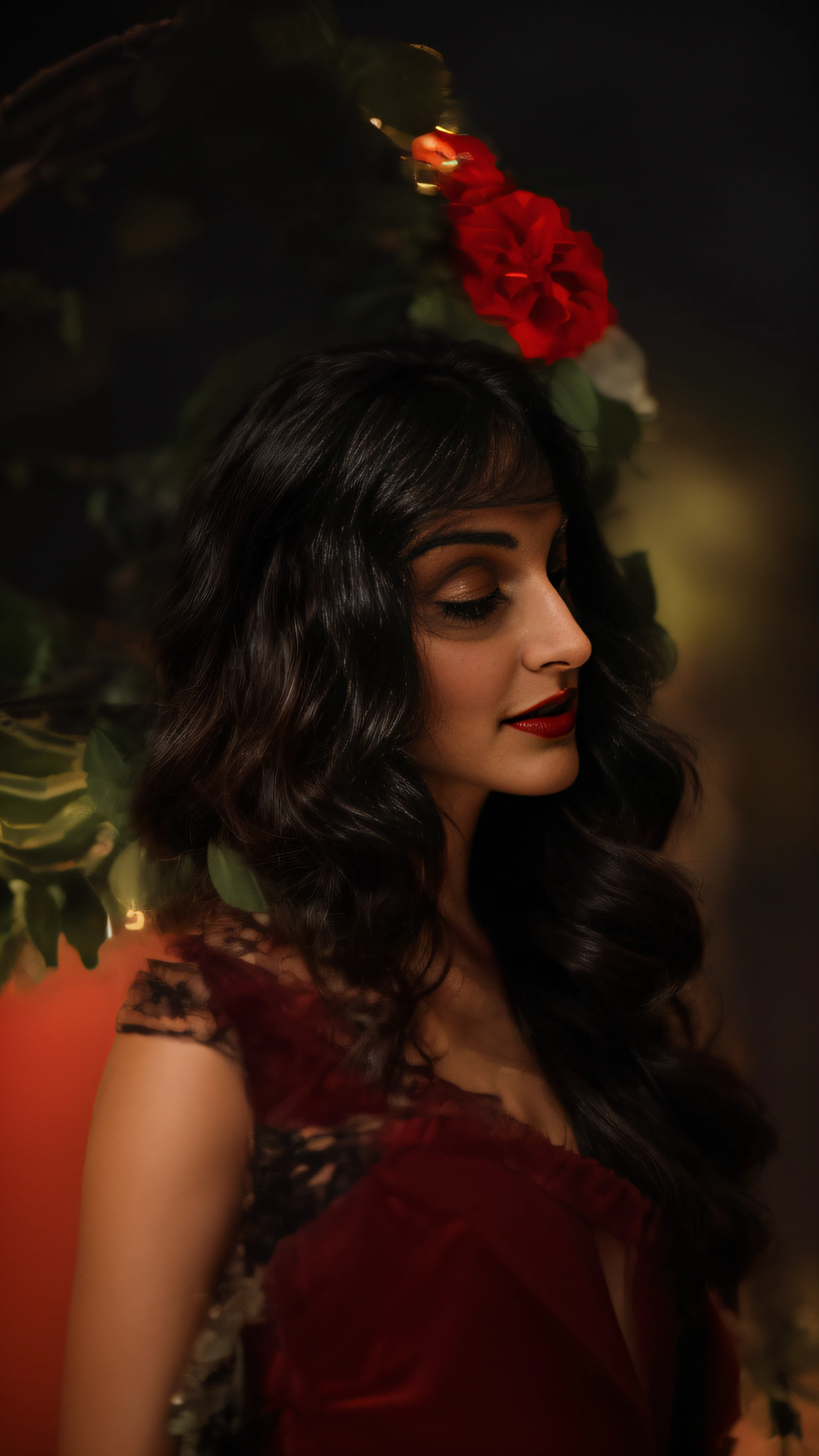 dark and gloomy, 8k, closeup photo of a 30-year-old brunette Brazilian businesswoman dark background at night, (realistic dark brown hair straight and with light waves) , makeup, red lips, brown eyes, (wearing black chanel tailoring blazer, black silk blouse and black straight tailoring pants), looking confidently, hyper realistic, {a girl with extremely beautiful olive skin}, (highly detailed skin: 1.2) {{{masterpiece}}}, realistic texture, dynamic composition, Fujifilm XT2, 85mm F1.2, shutter speed 1/80, (bokeh), high contrast