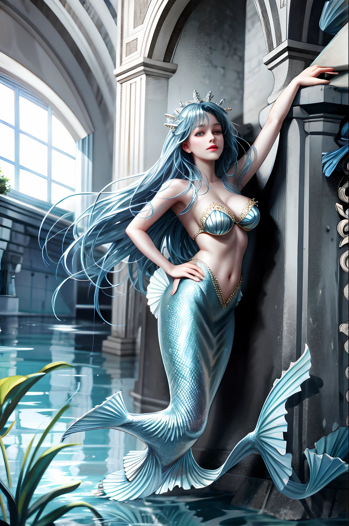Blue-scaled mermaid under the water Blue Arm From the waist to the tip is a long caudal fin